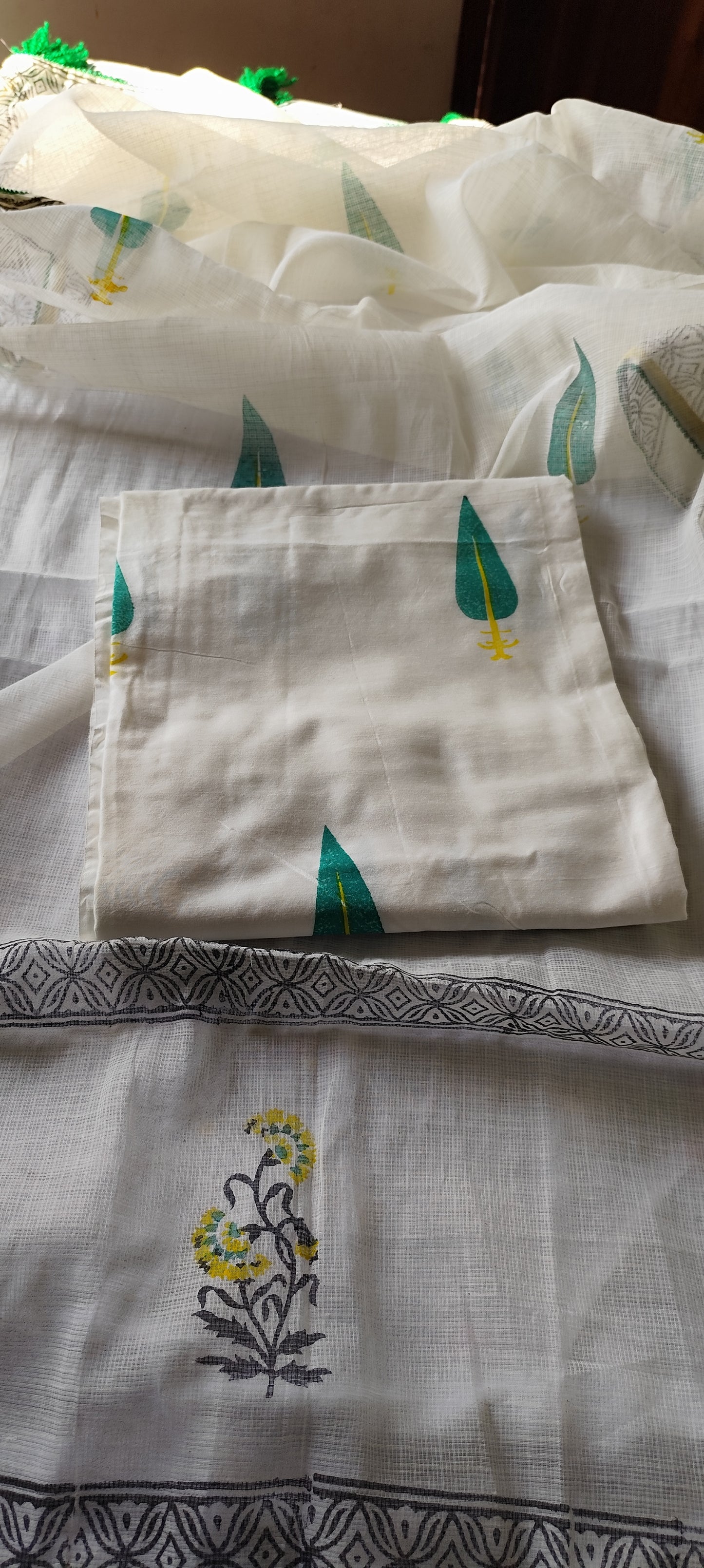 Handblock chanderi silk suit with green leaves