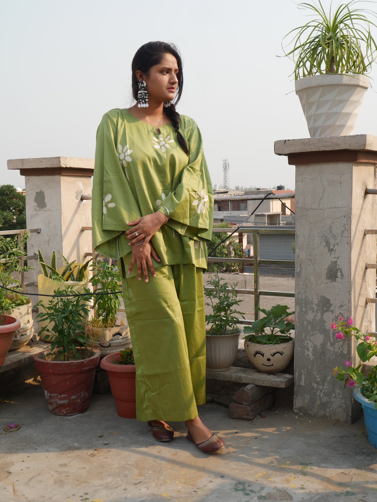Green cotton shibori handblock coord set