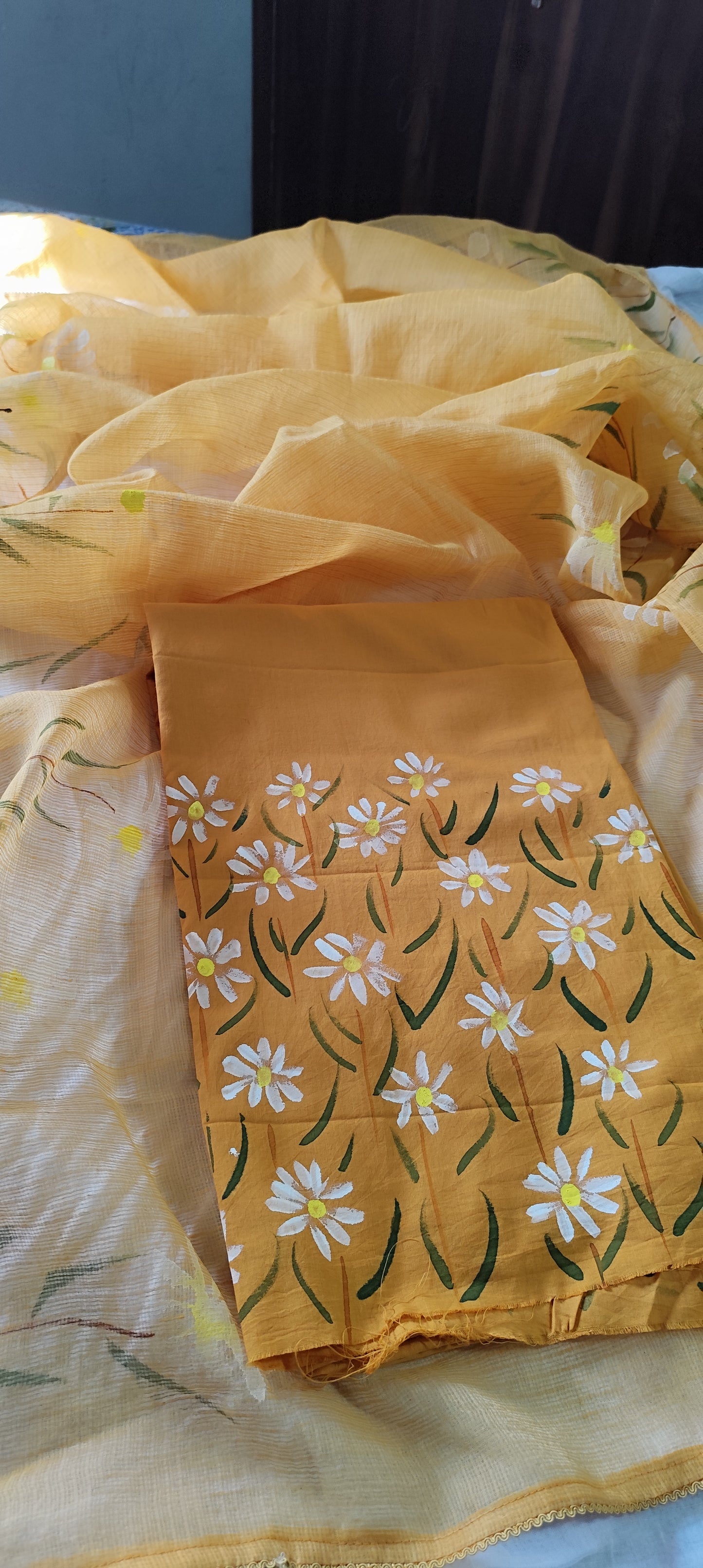 Khakhi brown handpainted white motifs on cotton and kota doria dupatta