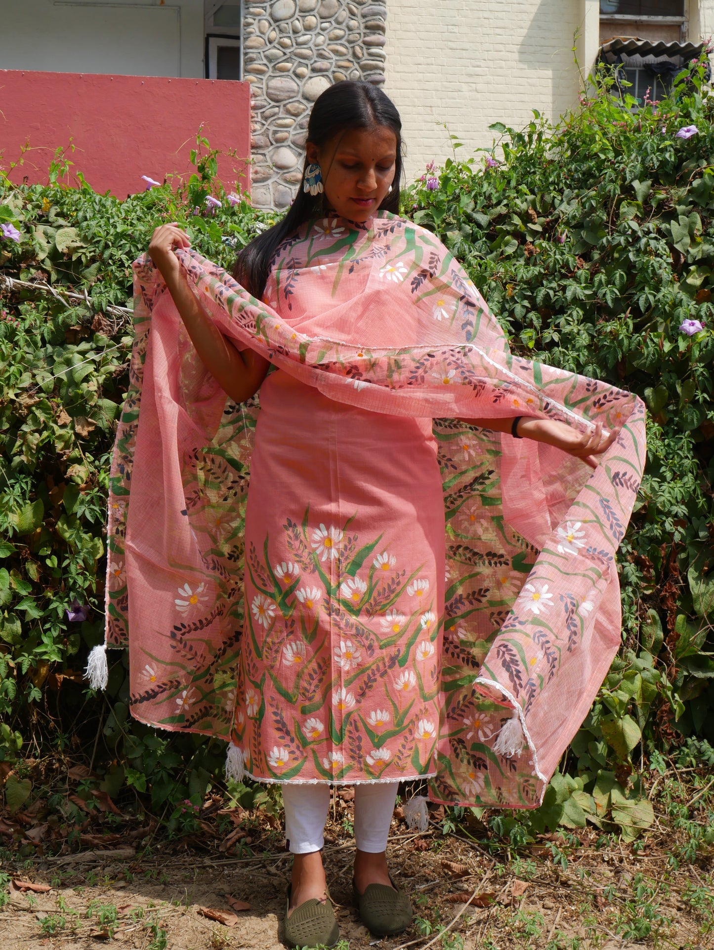 Hand-painted white flowers on peach cotton suit with kota doria dupatta