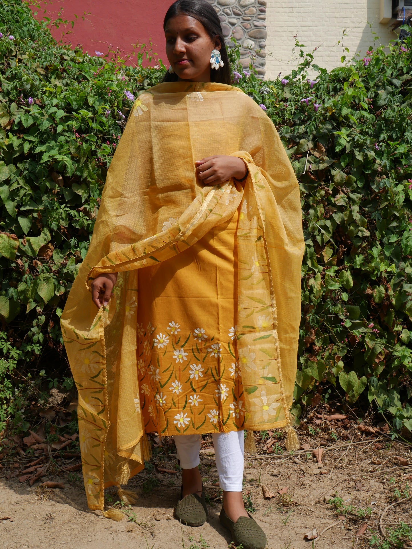 Khakhi brown handpainted white motifs on cotton and kota doria dupatta