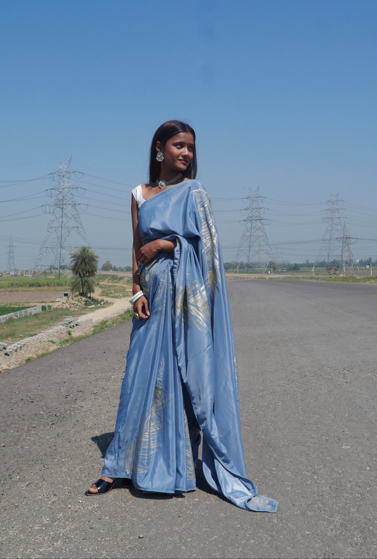 Grey crepe silk handpainted feather saree