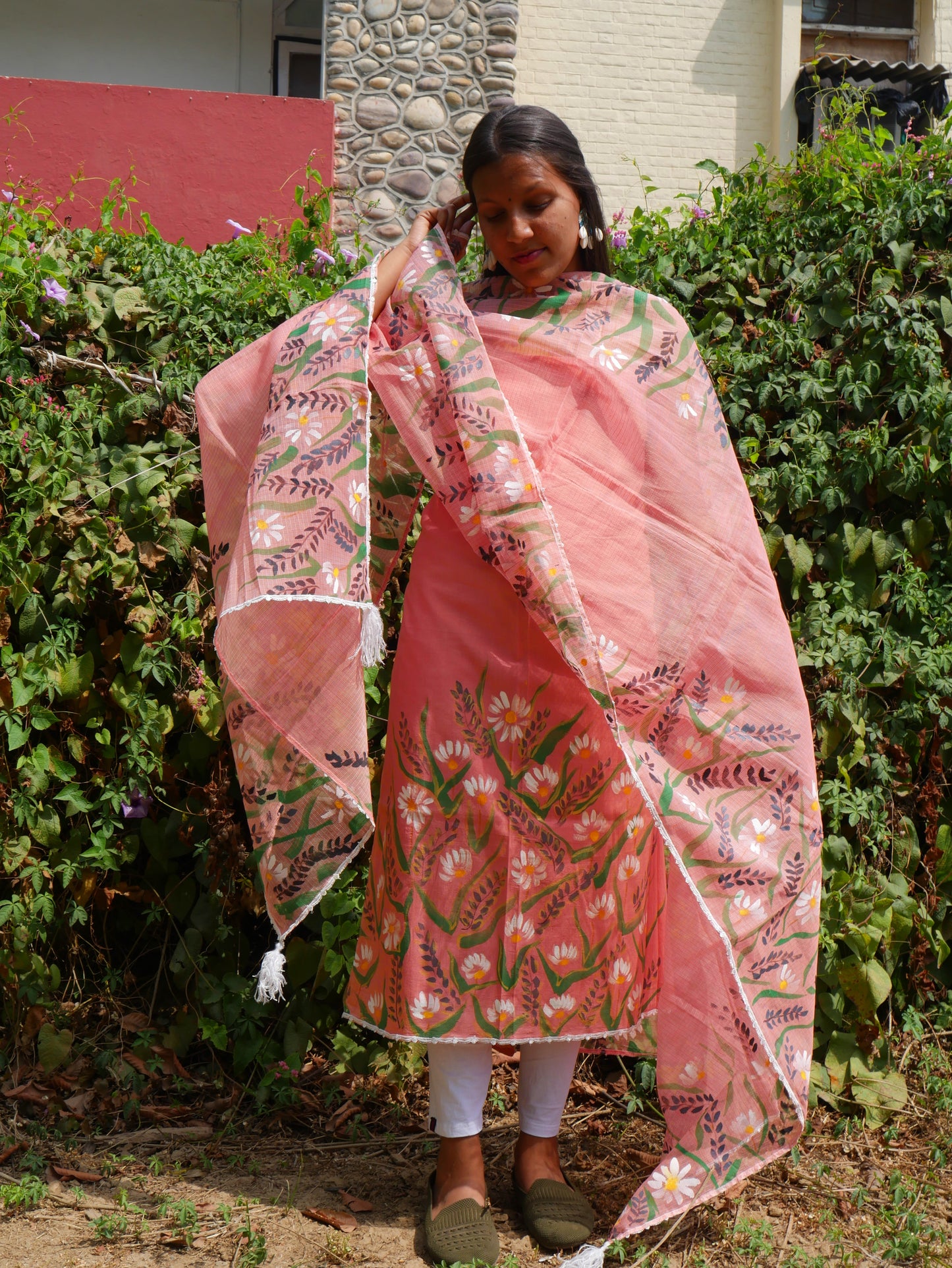Hand-painted white flowers on peach cotton suit with kota doria dupatta