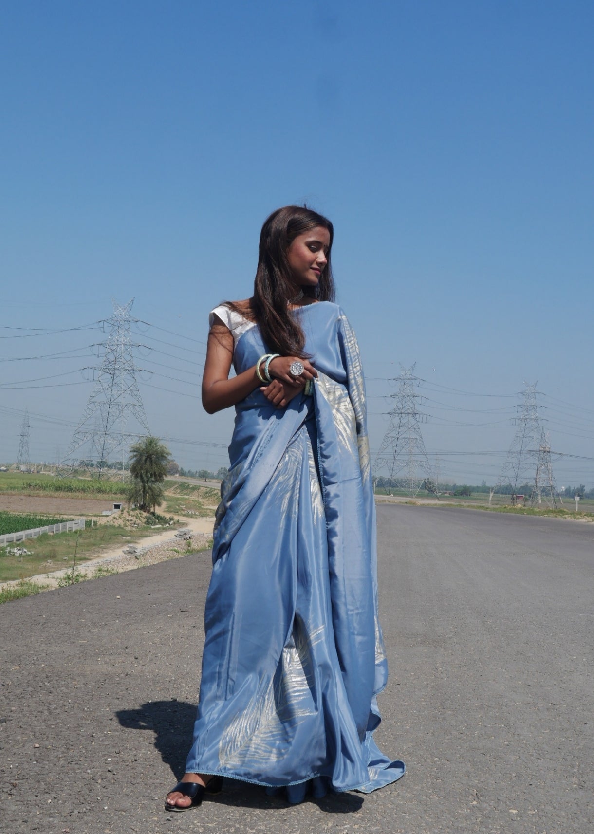 Grey crepe silk handpainted feather saree