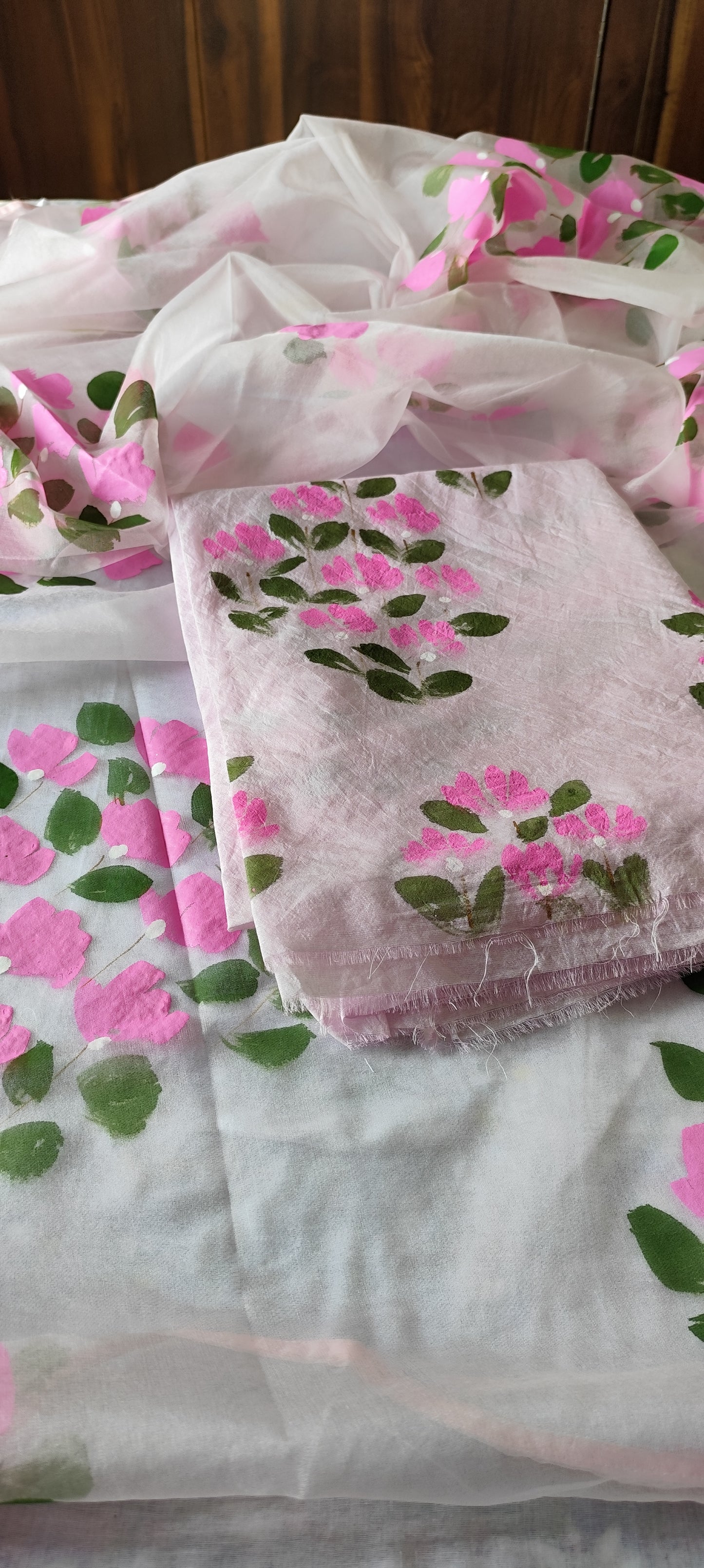 Hand painted bougainvillea on chanderi and organza dupatta