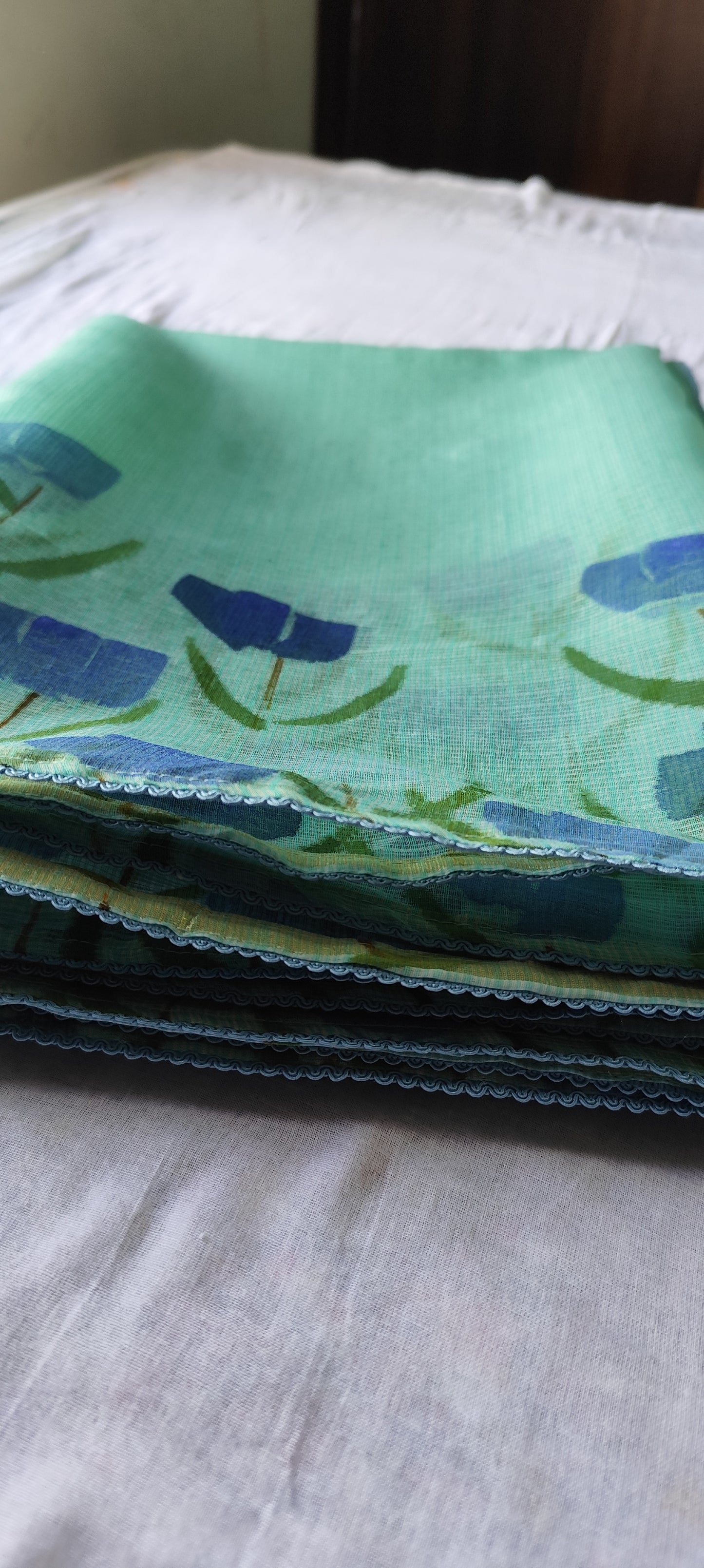 Turquoise blue hand painted blossoms on kota doria