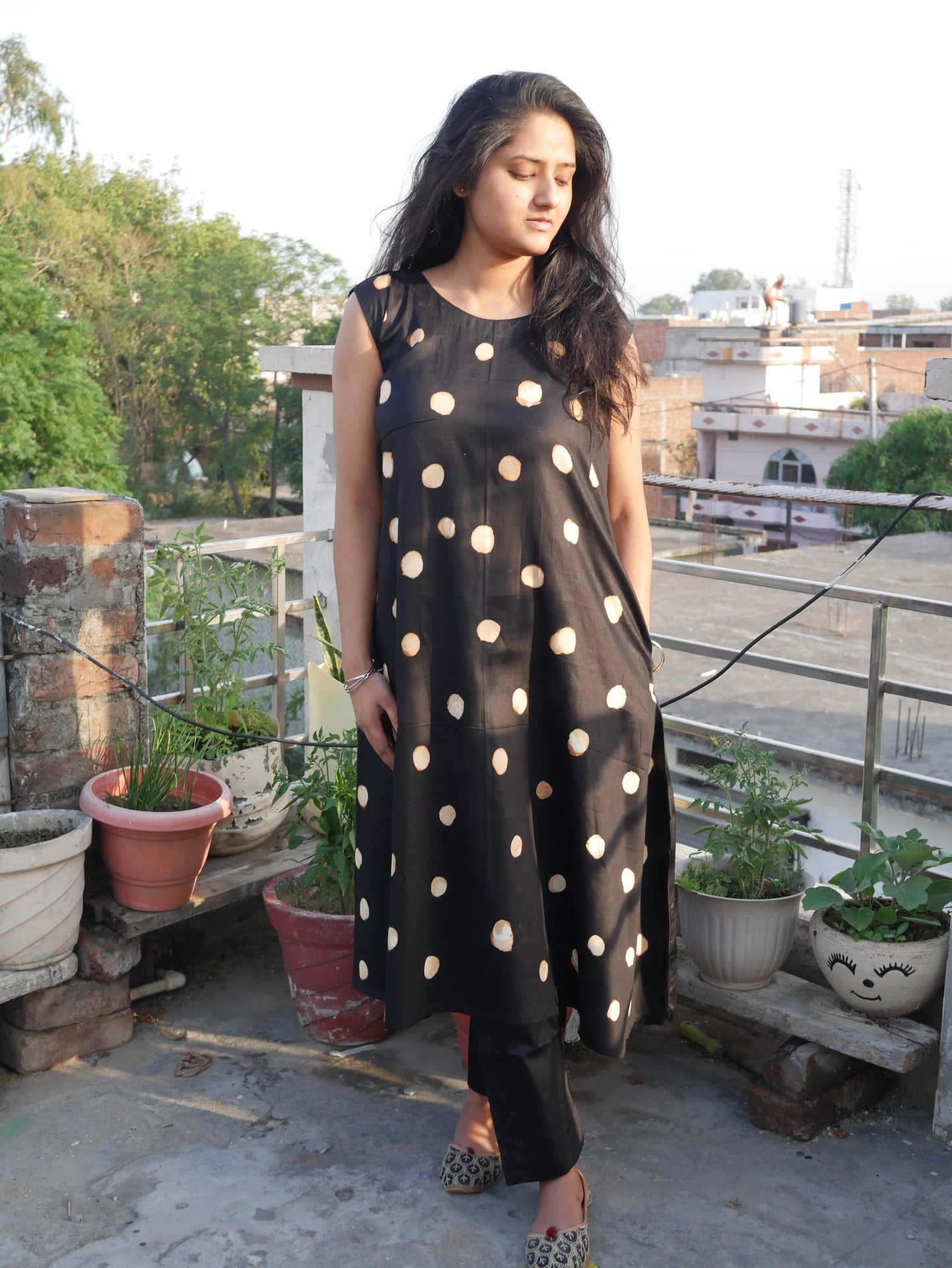 Black polka dot cotton A line kurti