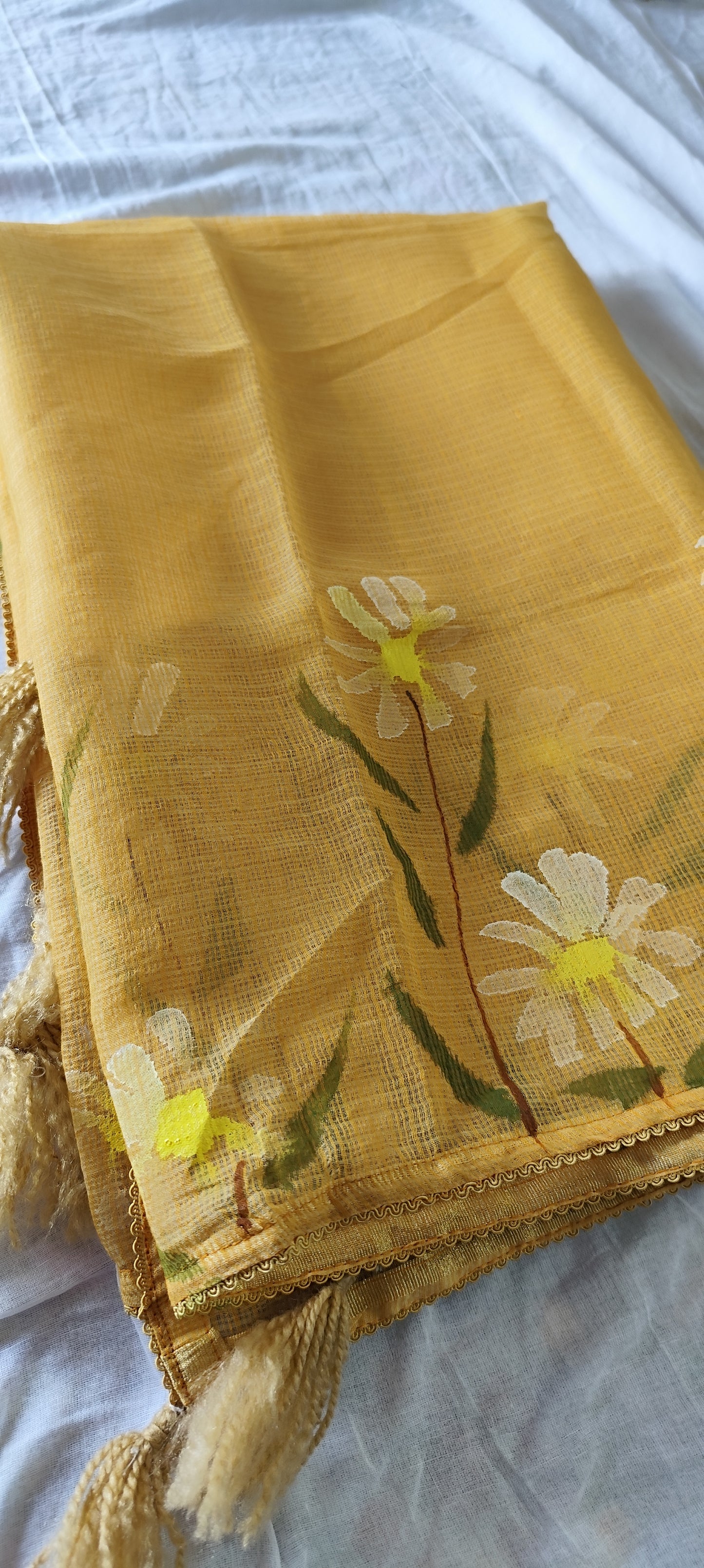 Khakhi brown handpainted white motifs on cotton and kota doria dupatta