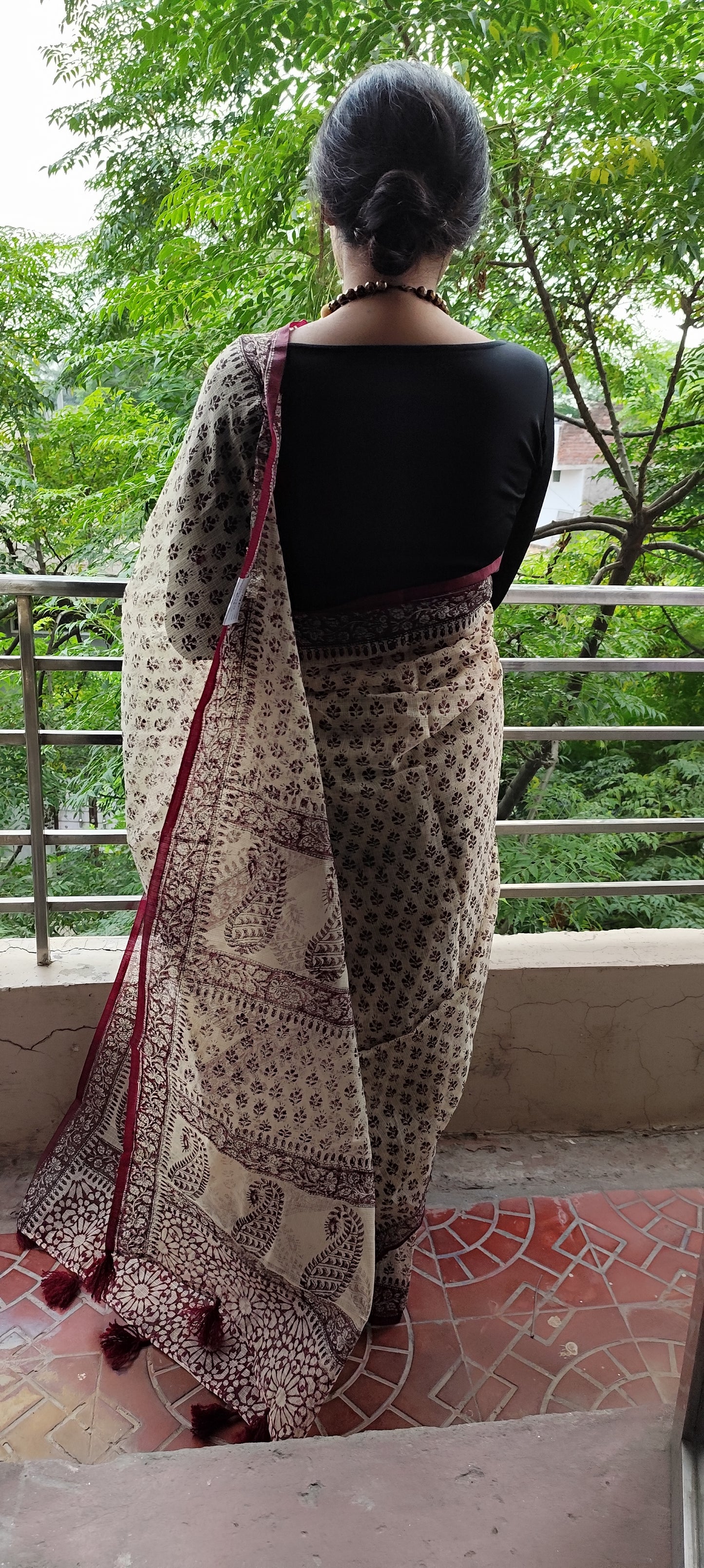 Mehroon border Hand block pure kota saree