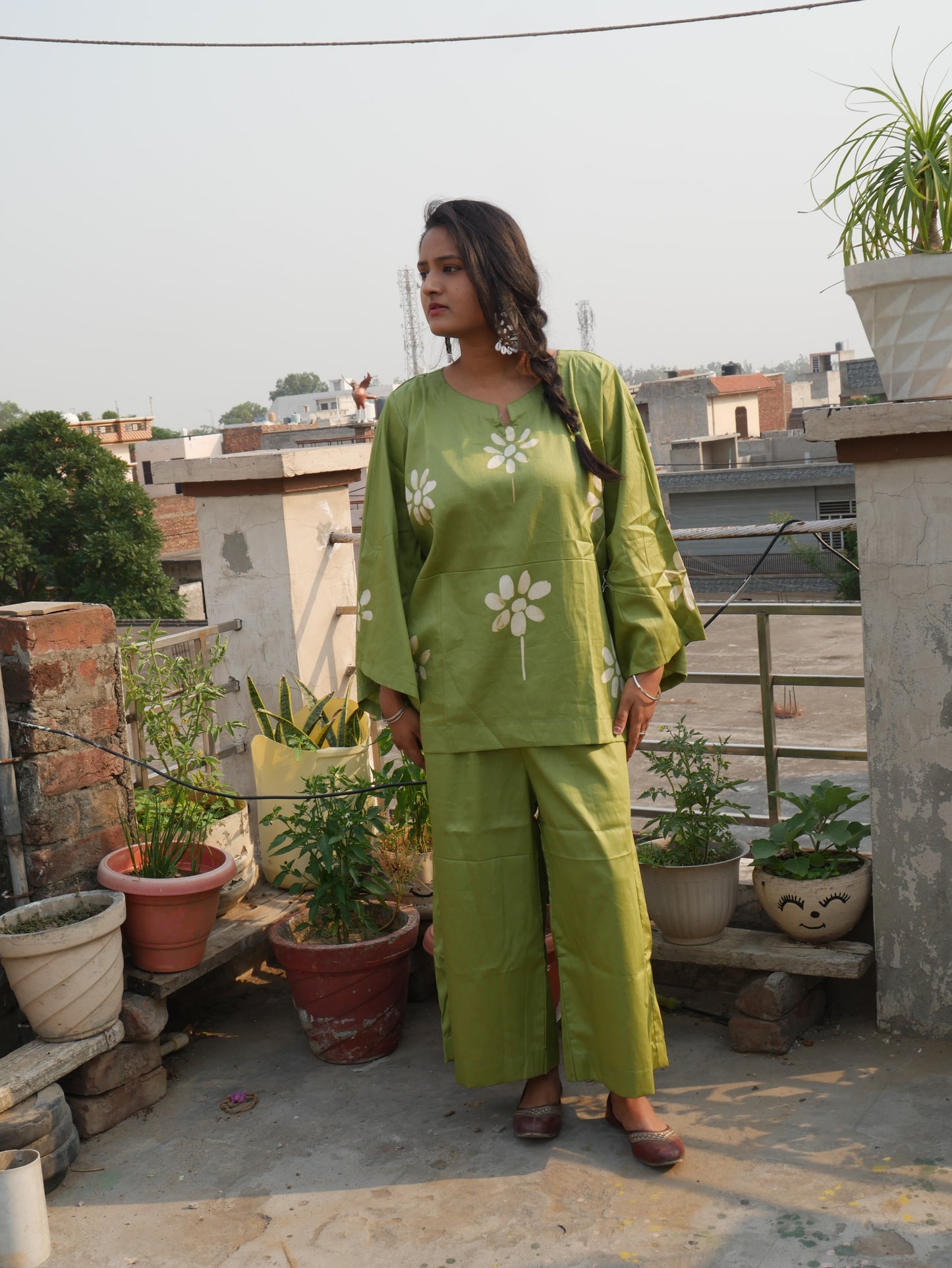 Green cotton shibori handblock coord set