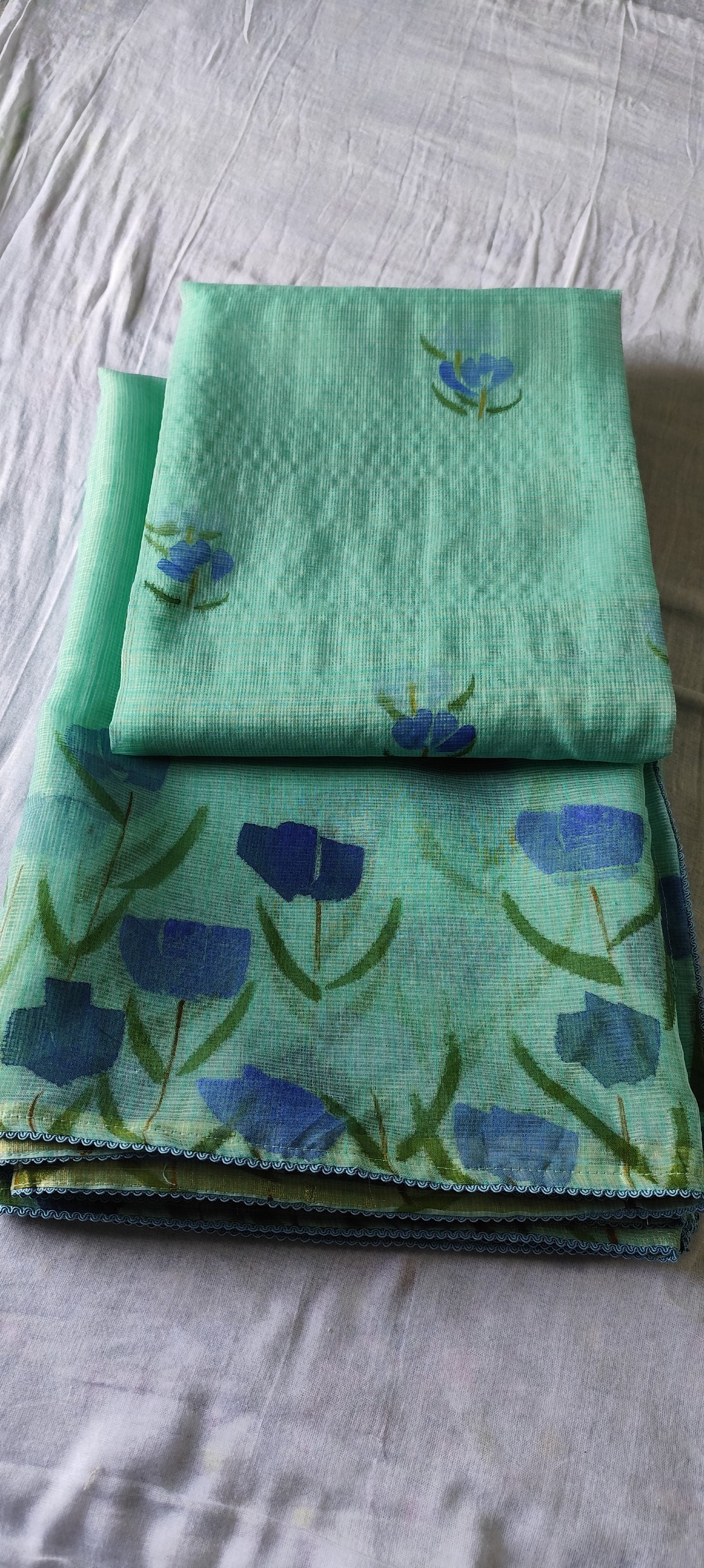 Turquoise blue hand painted blossoms on kota doria