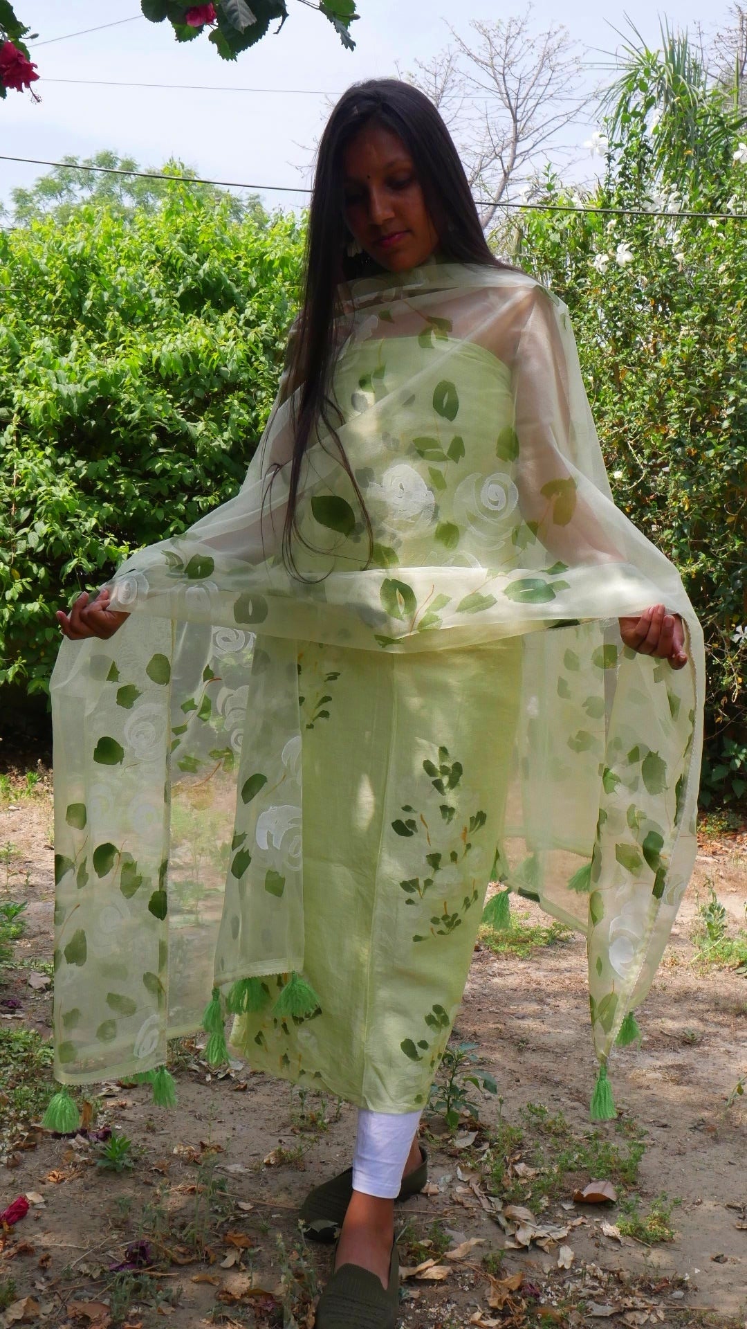 Hand painted roses on Pista green chanderi suit with organza dupatta