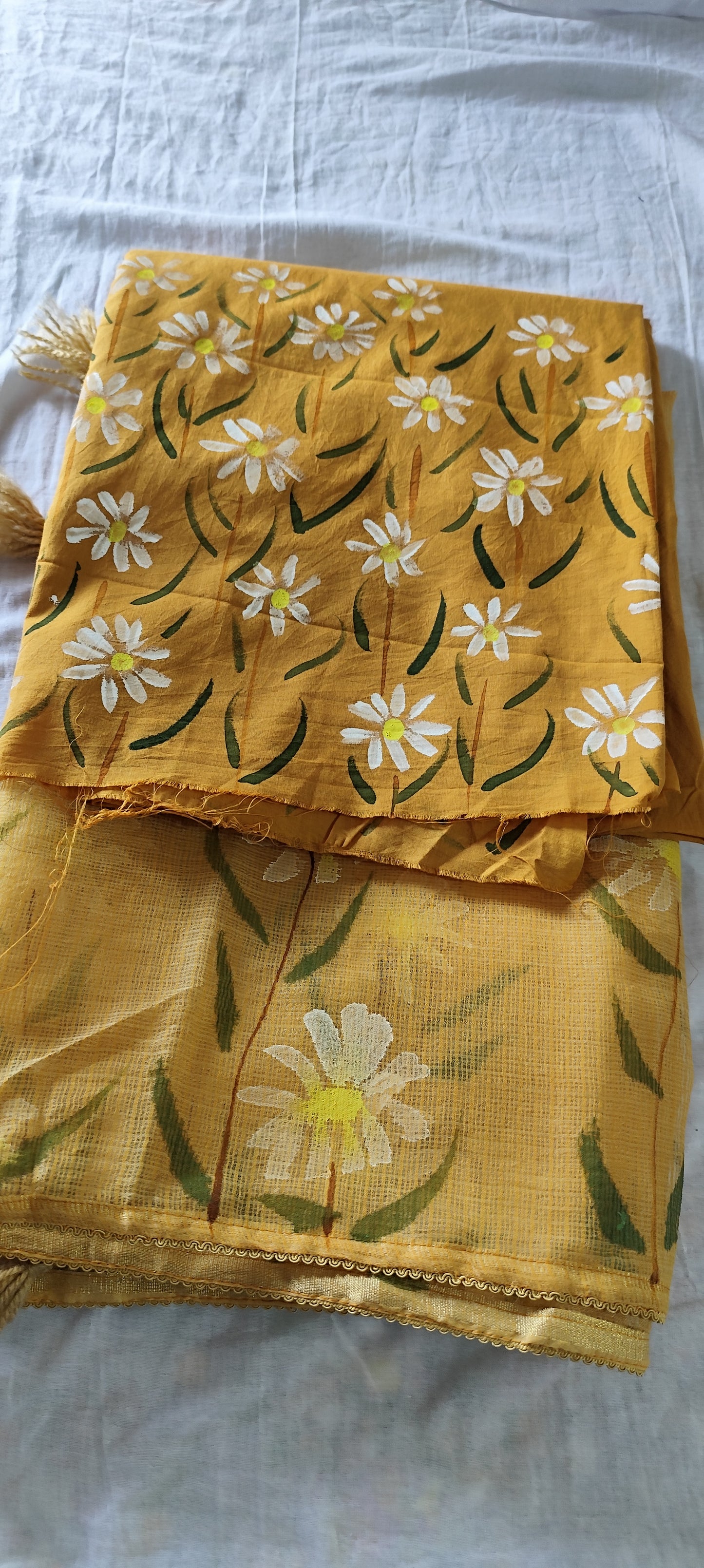 Khakhi brown handpainted white motifs on cotton and kota doria dupatta
