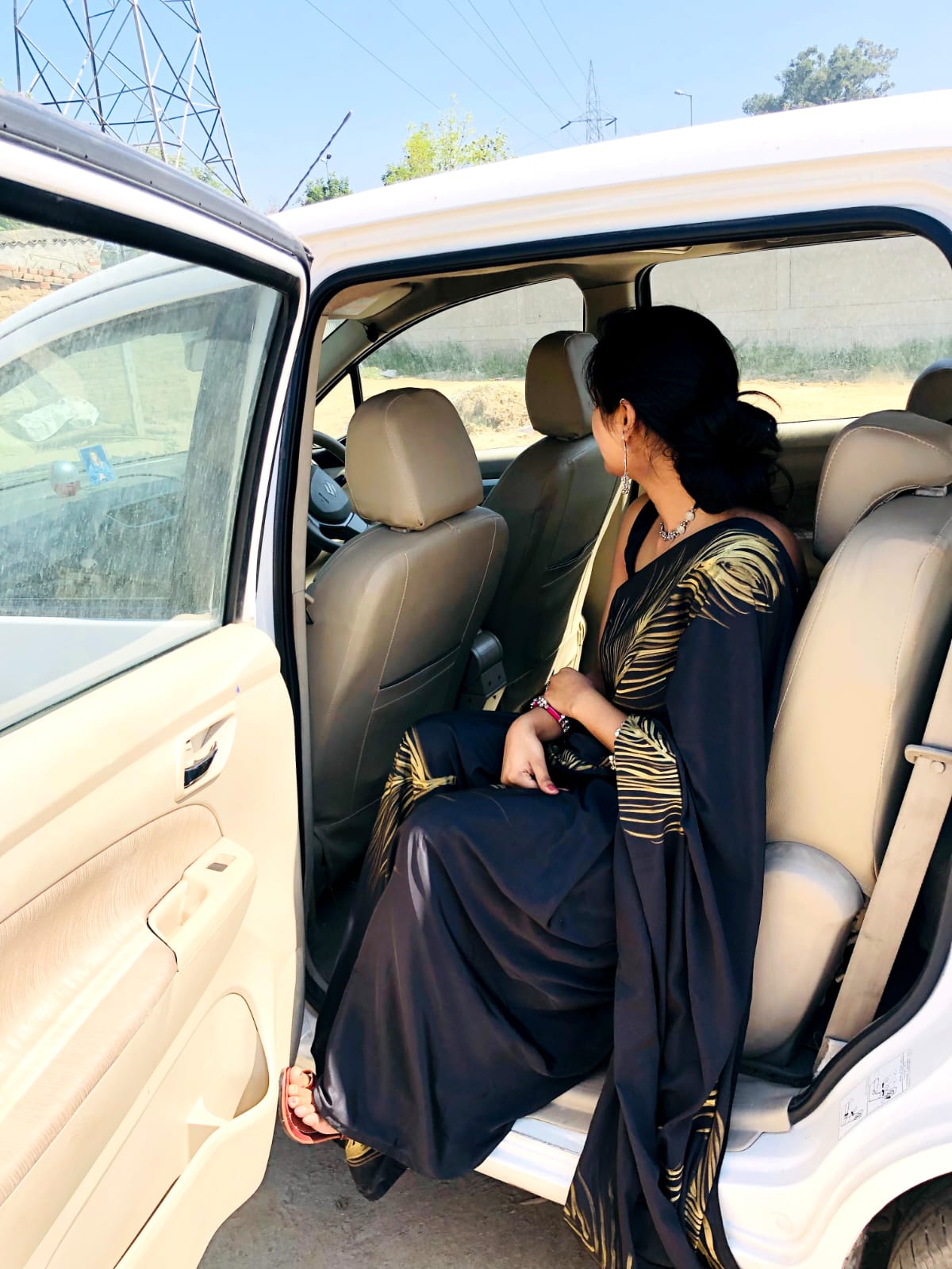 Black handpainted feather crepe silk saree