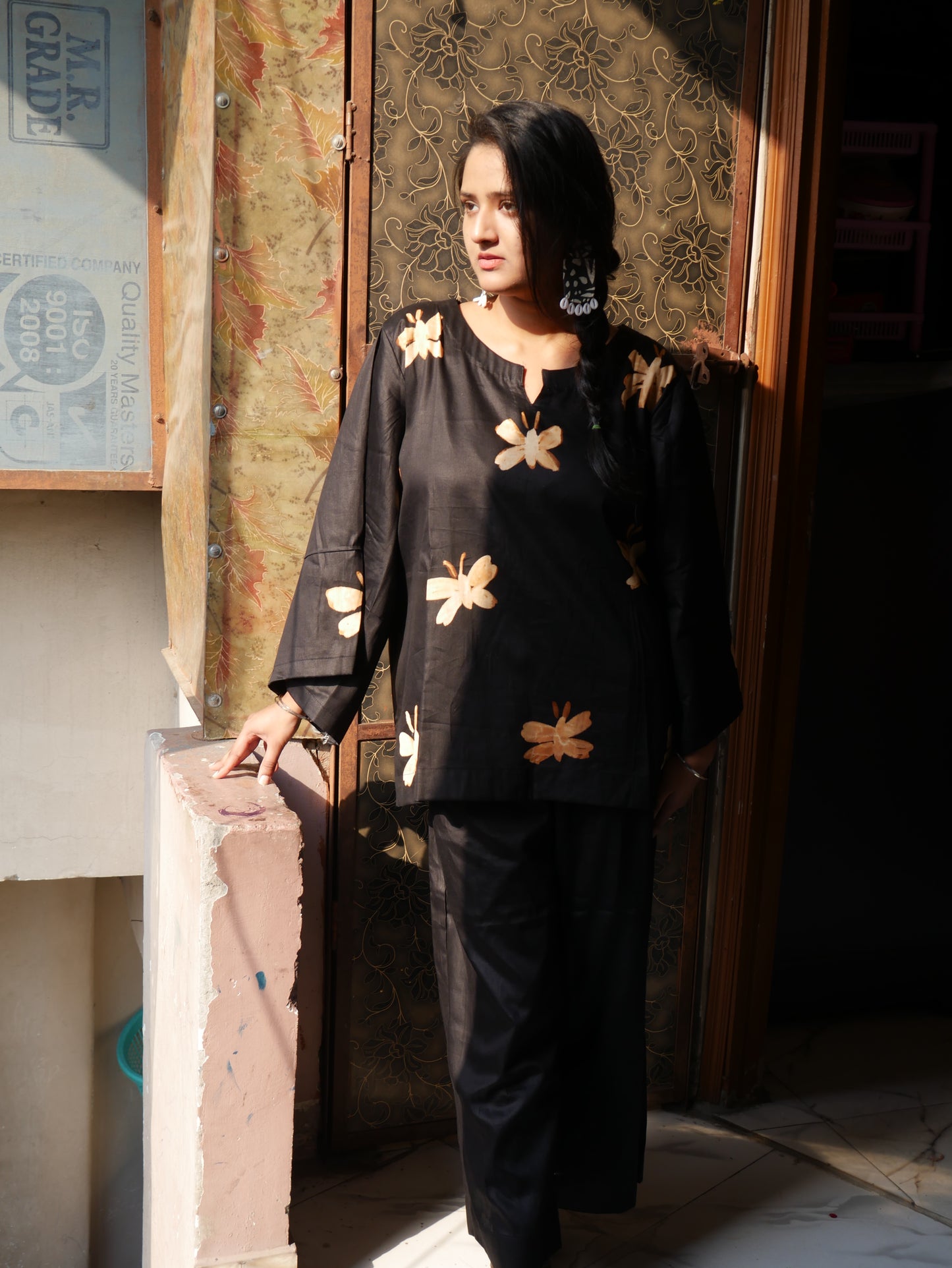Pure cotton black shibori handblock coord set