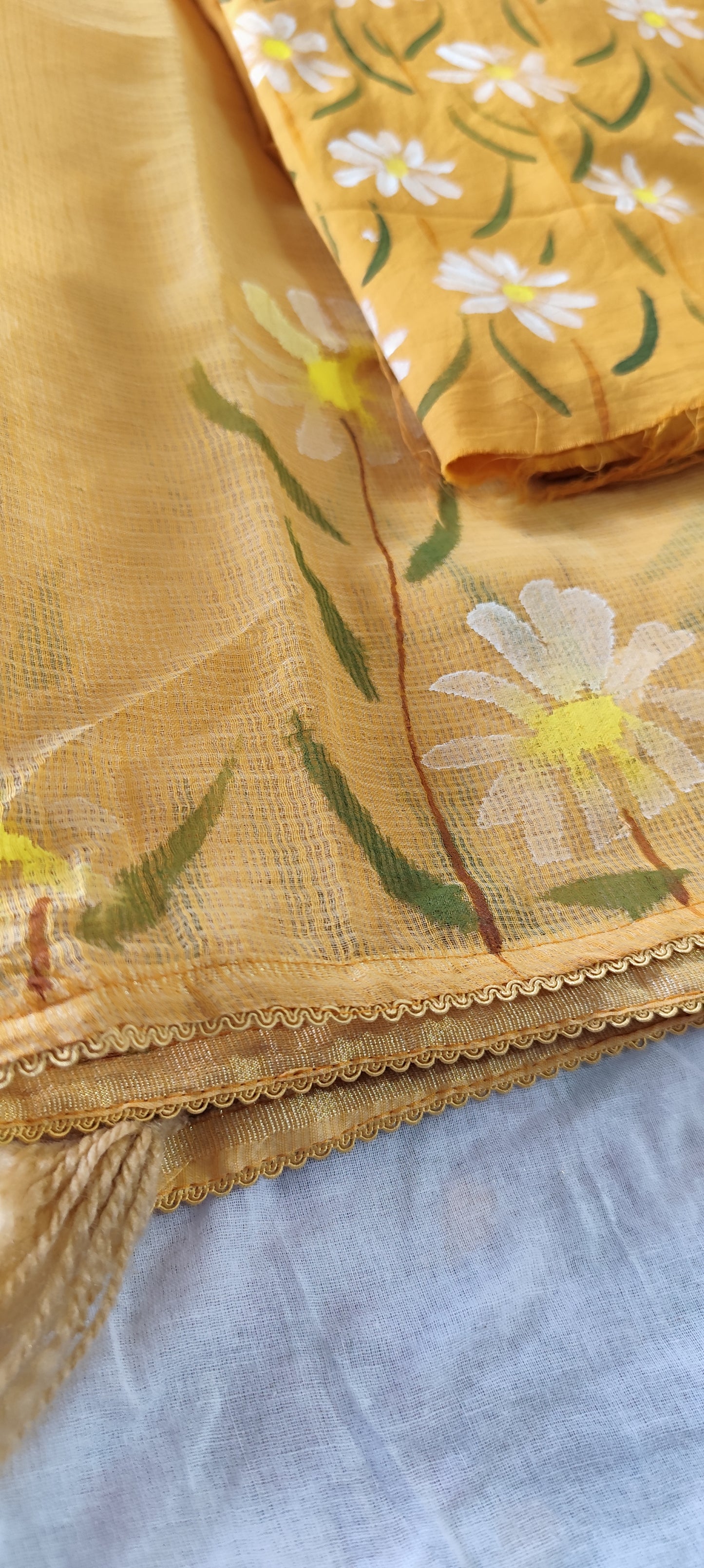 Khakhi brown handpainted white motifs on cotton and kota doria dupatta