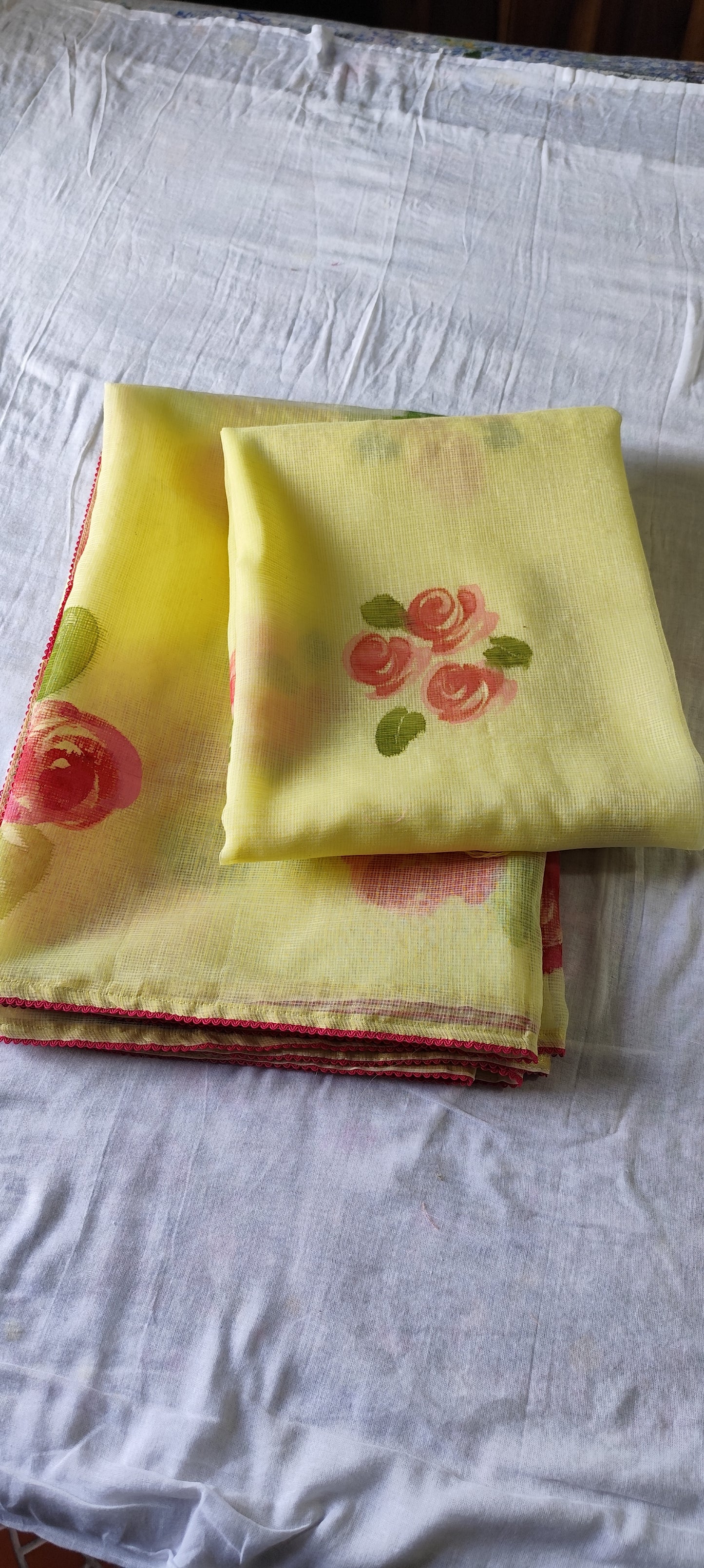 Lemon Handpainted roses on kota doria suit