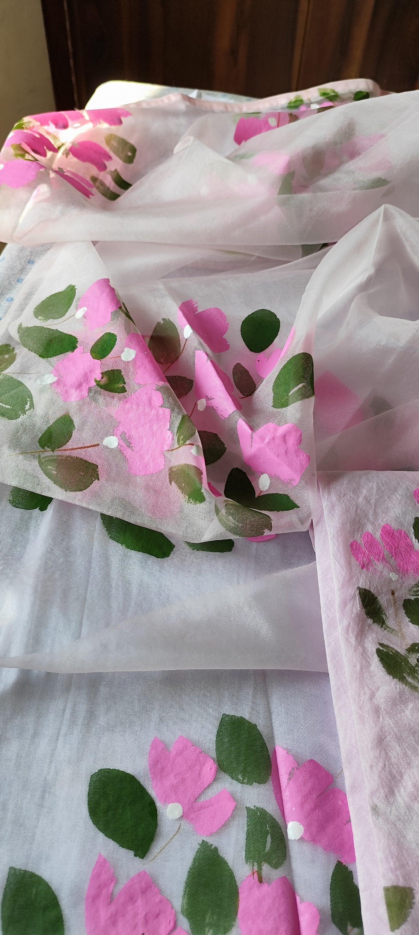 Hand painted bougainvillea on chanderi and organza dupatta