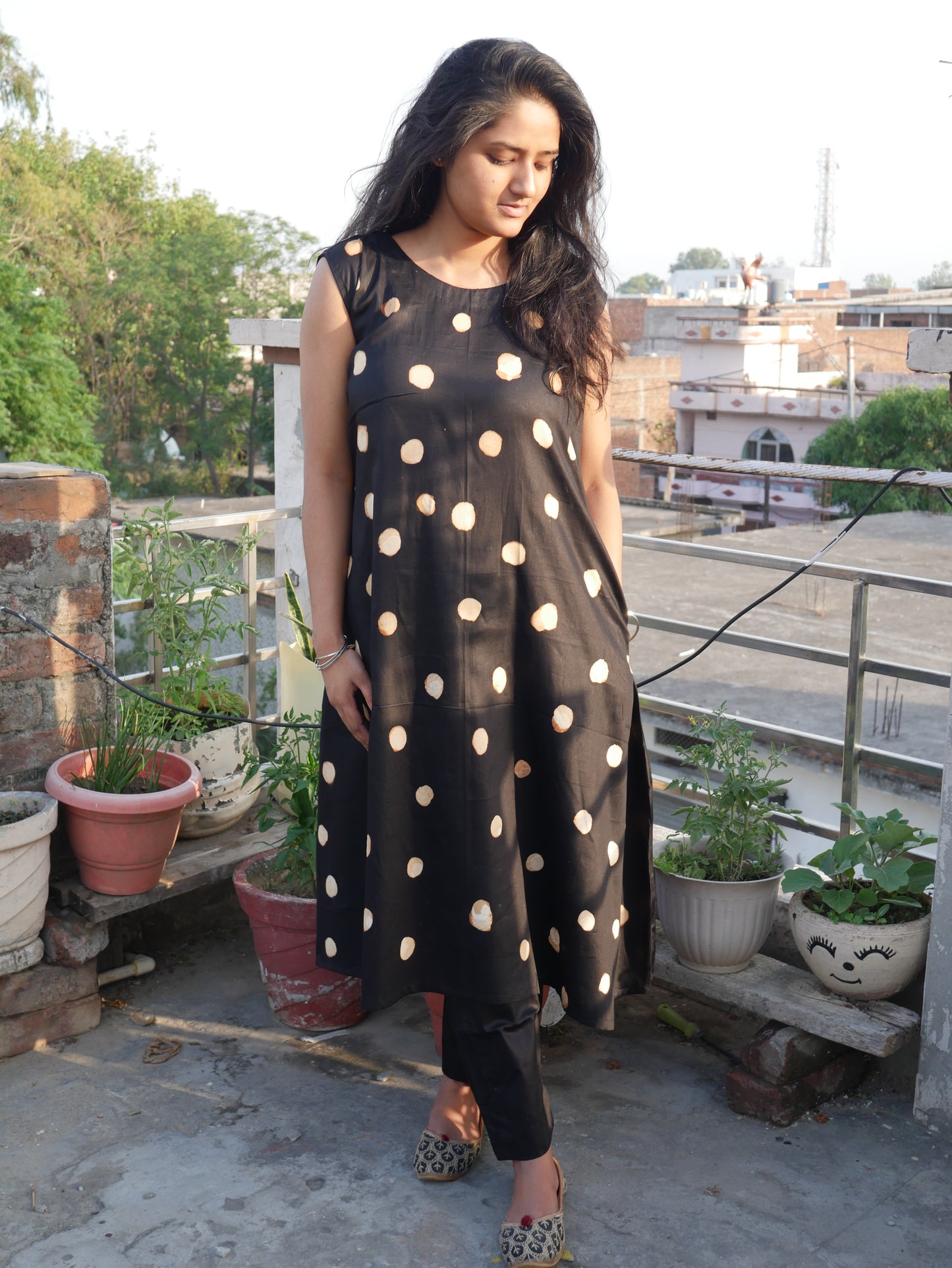 Black polka dot cotton A line kurti