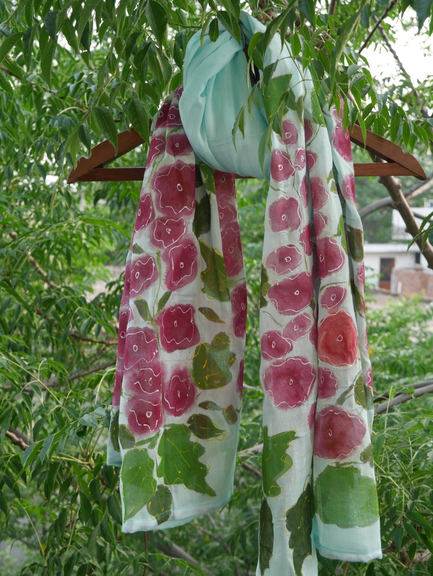 Blue handpainted hollihock flowers scarf