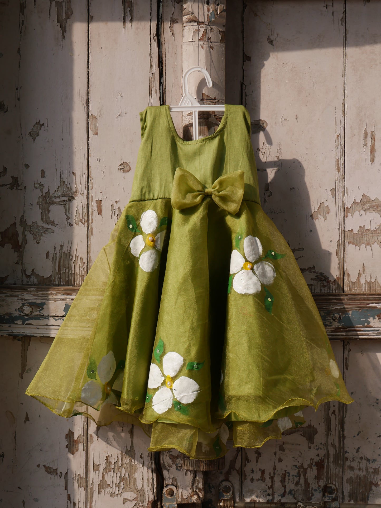 Mehndi green handpainted organza toddler frock