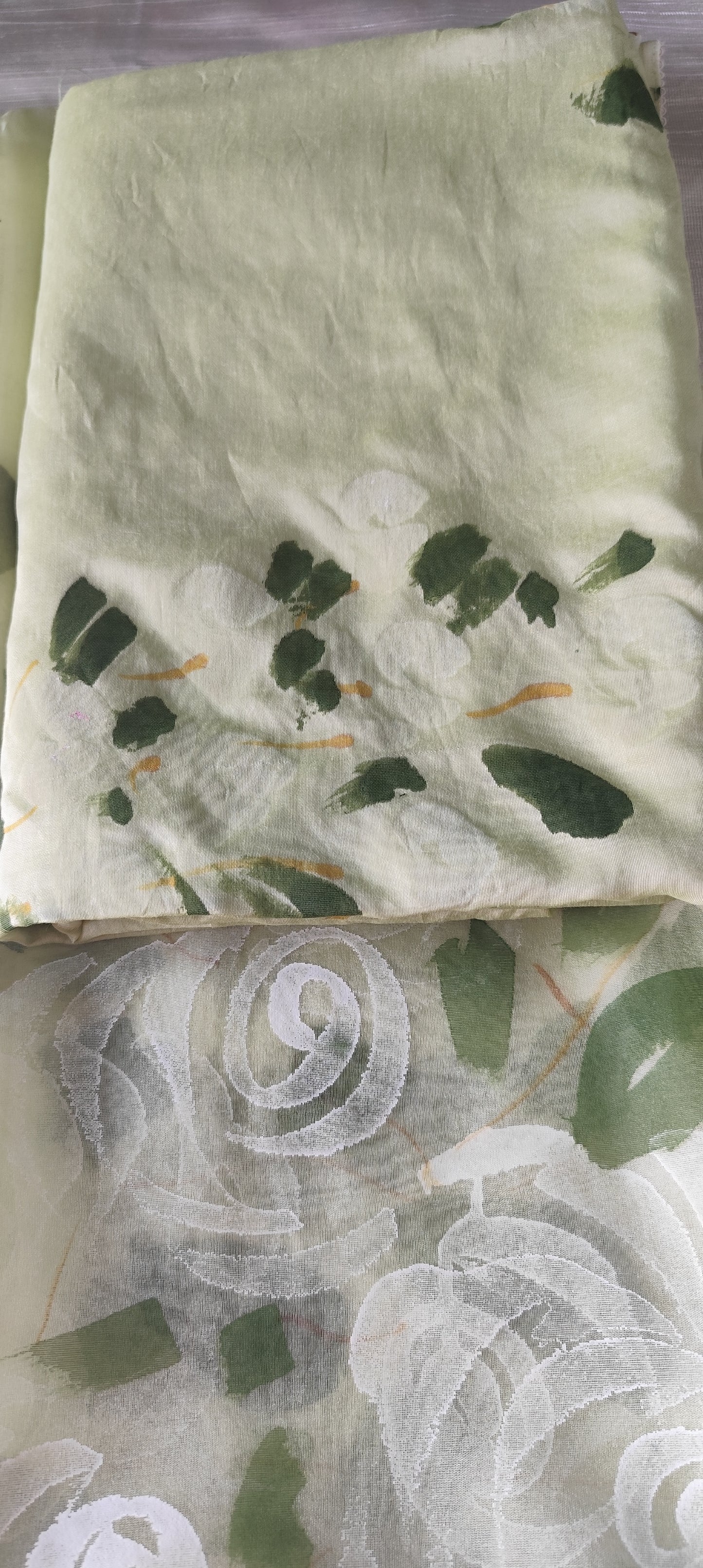 Hand painted roses on Pista green chanderi suit with organza dupatta
