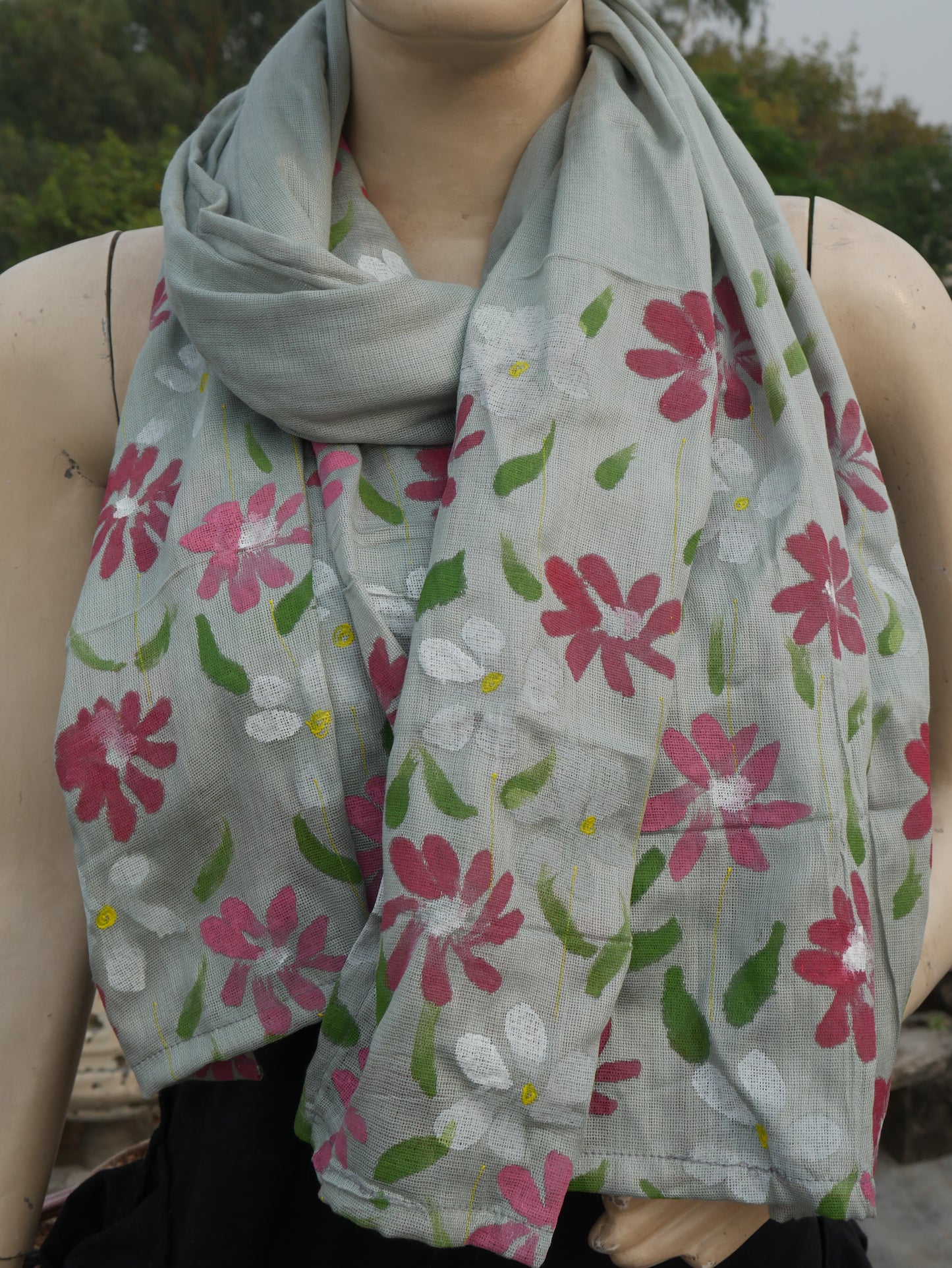 Grey handpainted blossom scarf