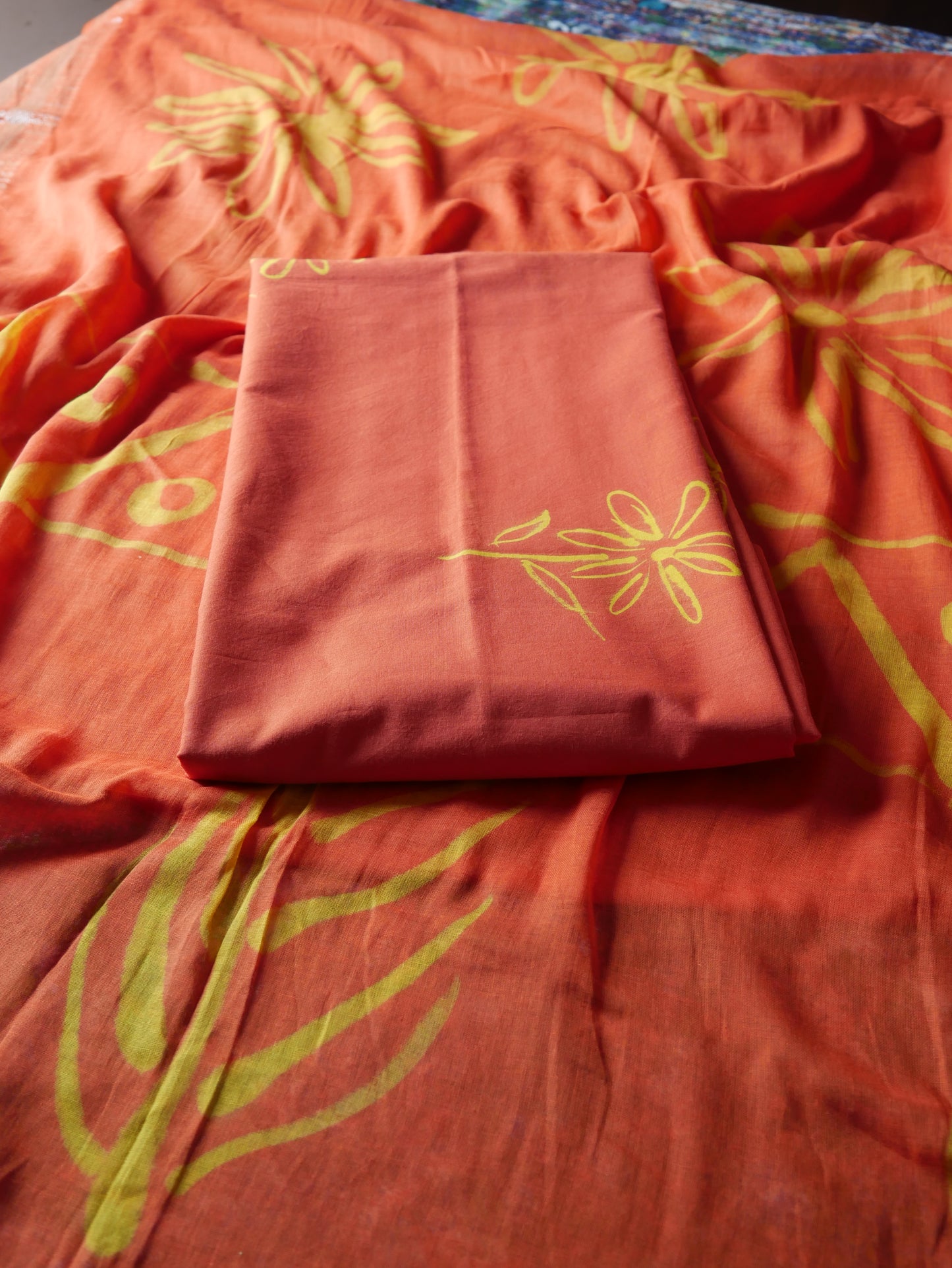 Orange pure cotton handblock shibori suit