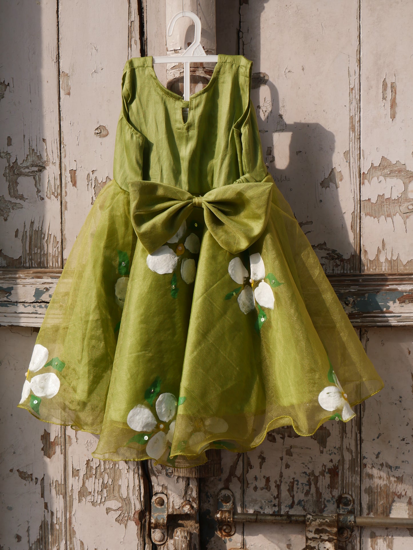 Mehndi green handpainted organza toddler frock