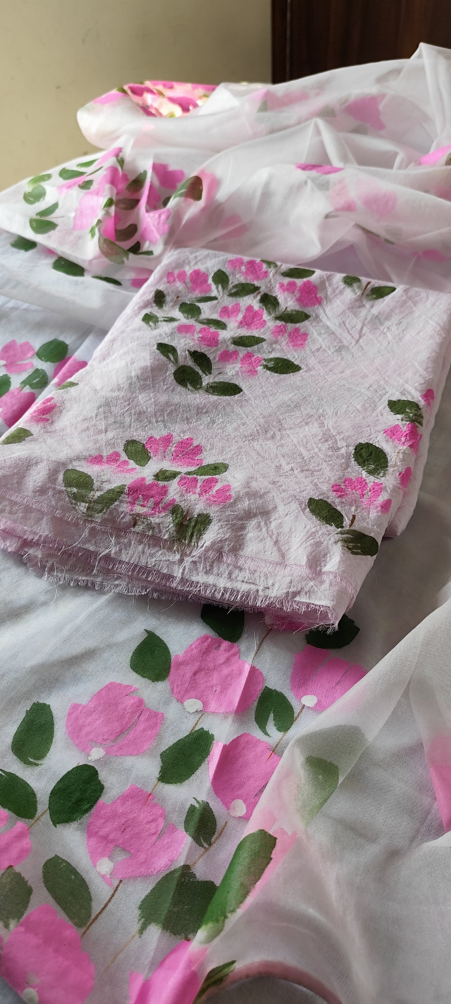 Hand painted bougainvillea on chanderi and organza dupatta