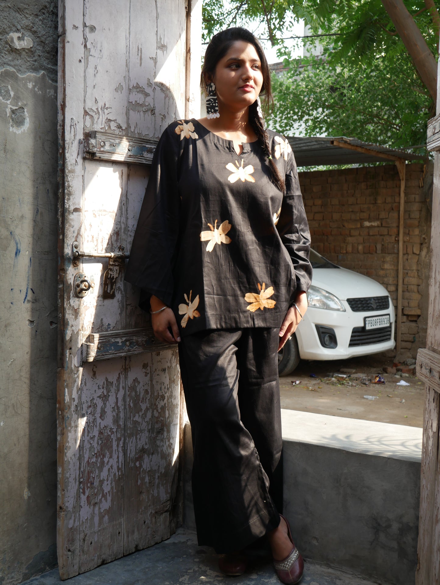 Pure cotton black shibori handblock coord set