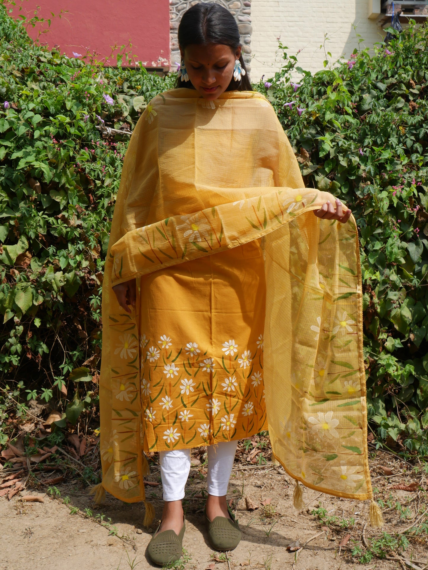 Khakhi brown handpainted white motifs on cotton and kota doria dupatta