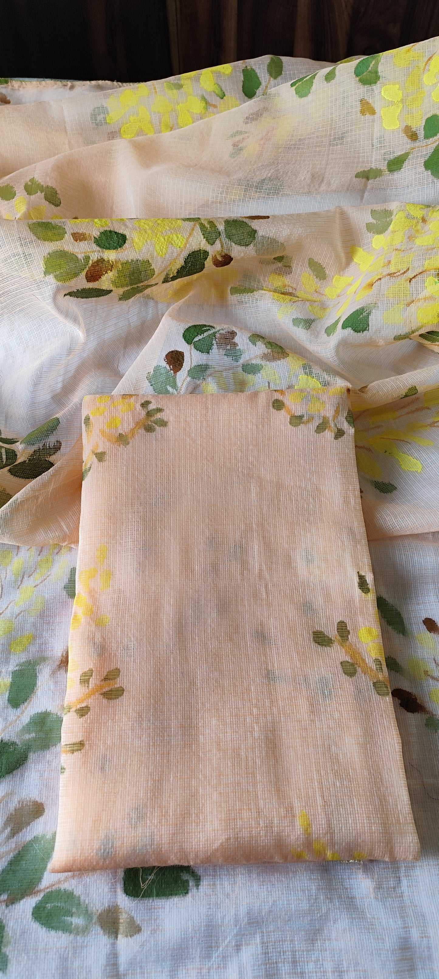 Handpainted amaltas on peach kota doria suit