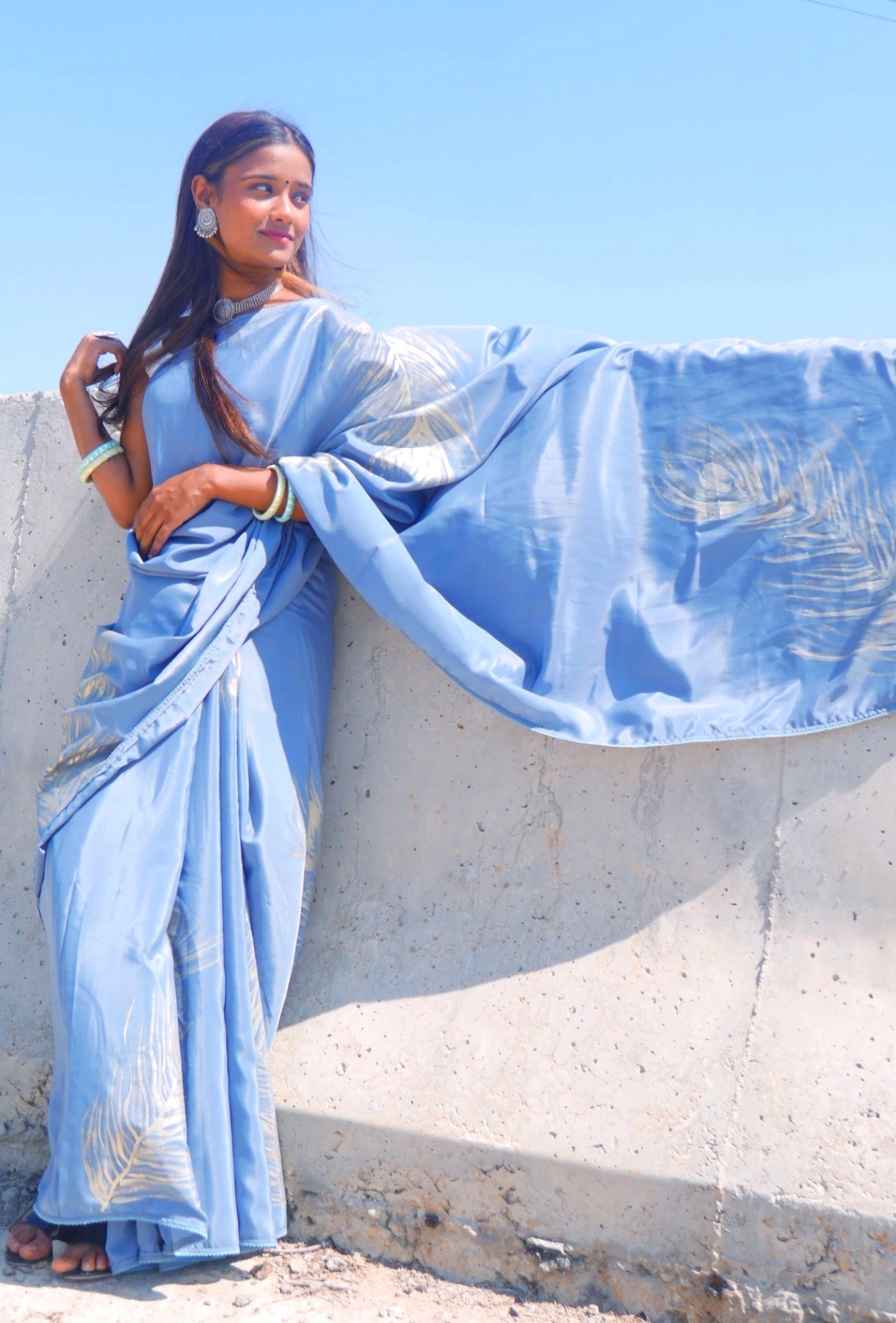 Grey crepe silk handpainted feather saree