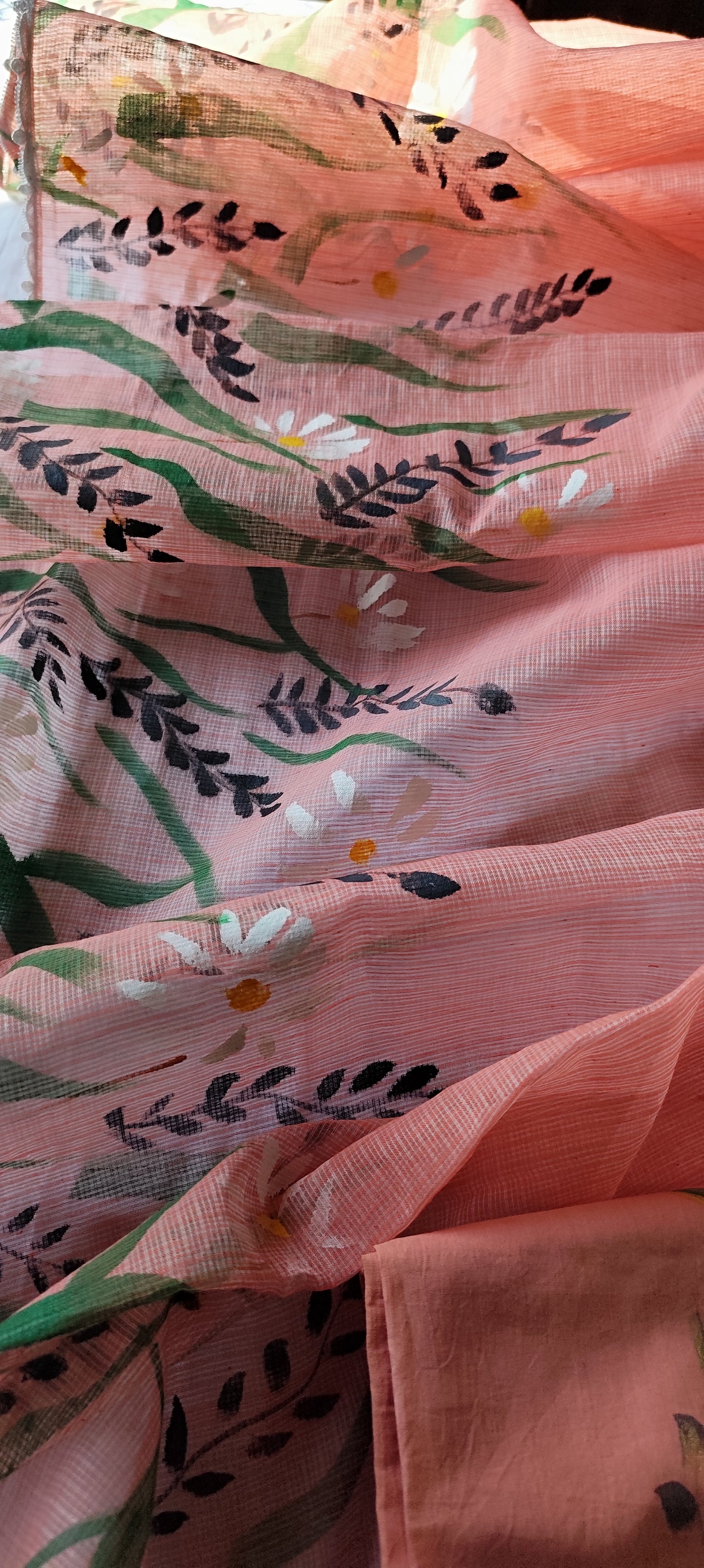 Hand-painted white flowers on peach cotton suit with kota doria dupatta