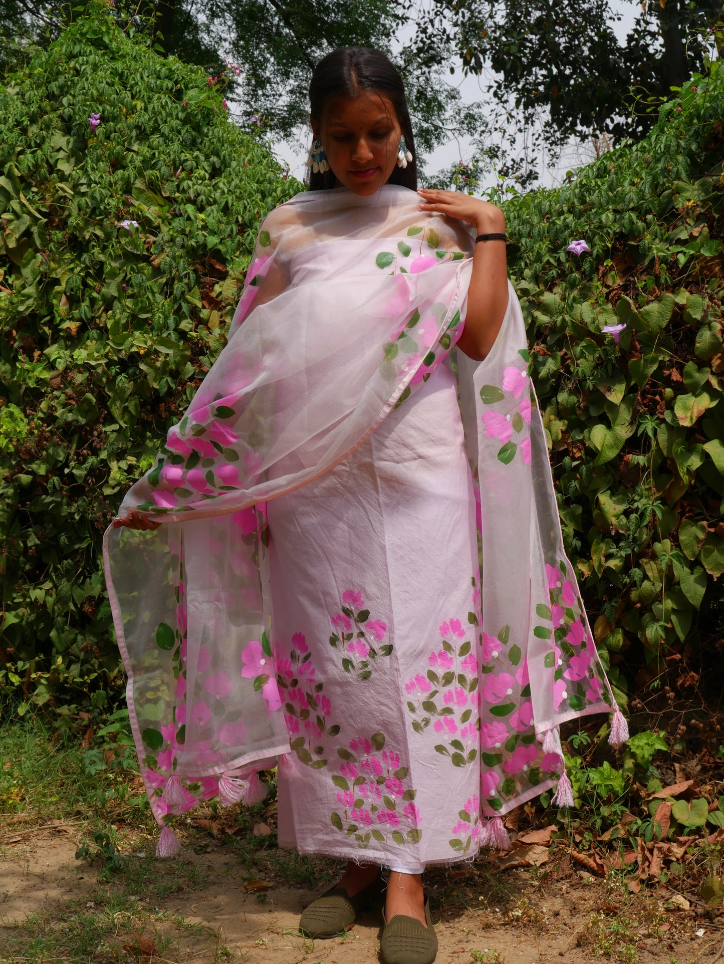 Hand painted bougainvillea on chanderi and organza dupatta