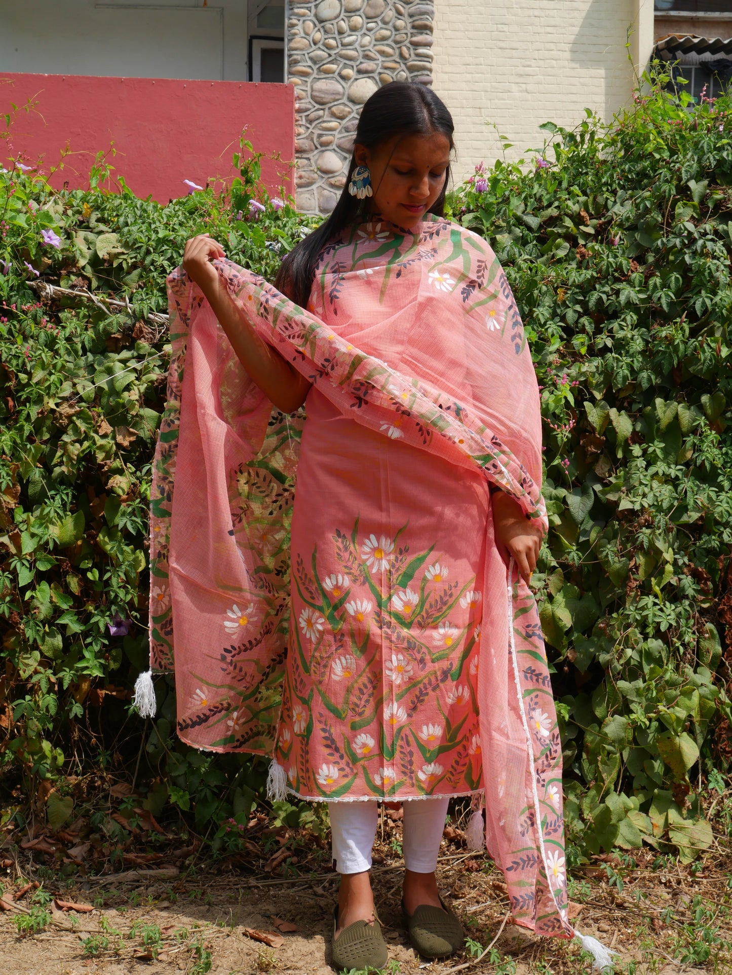 Hand-painted white flowers on peach cotton suit with kota doria dupatta