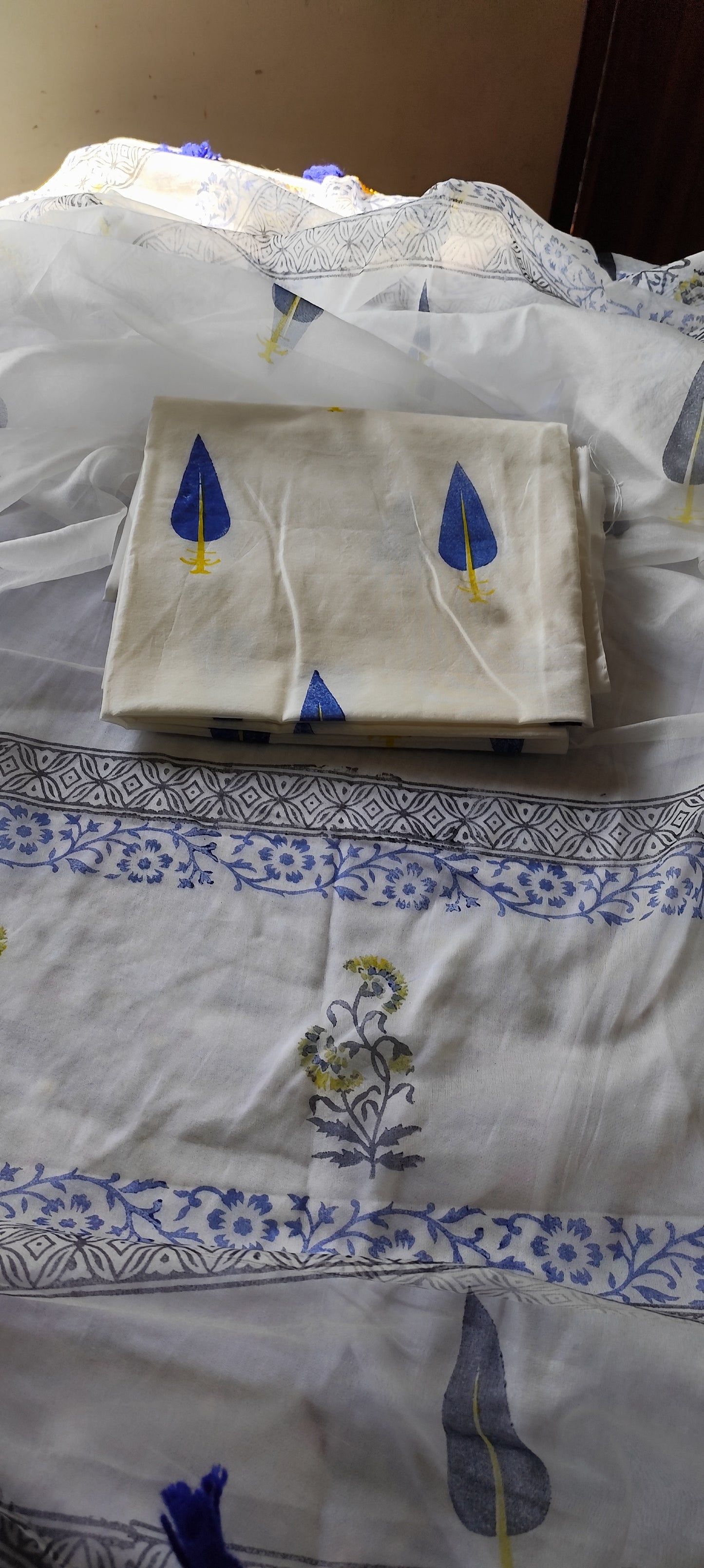White pure chanderi handblock suit with organza dupatta