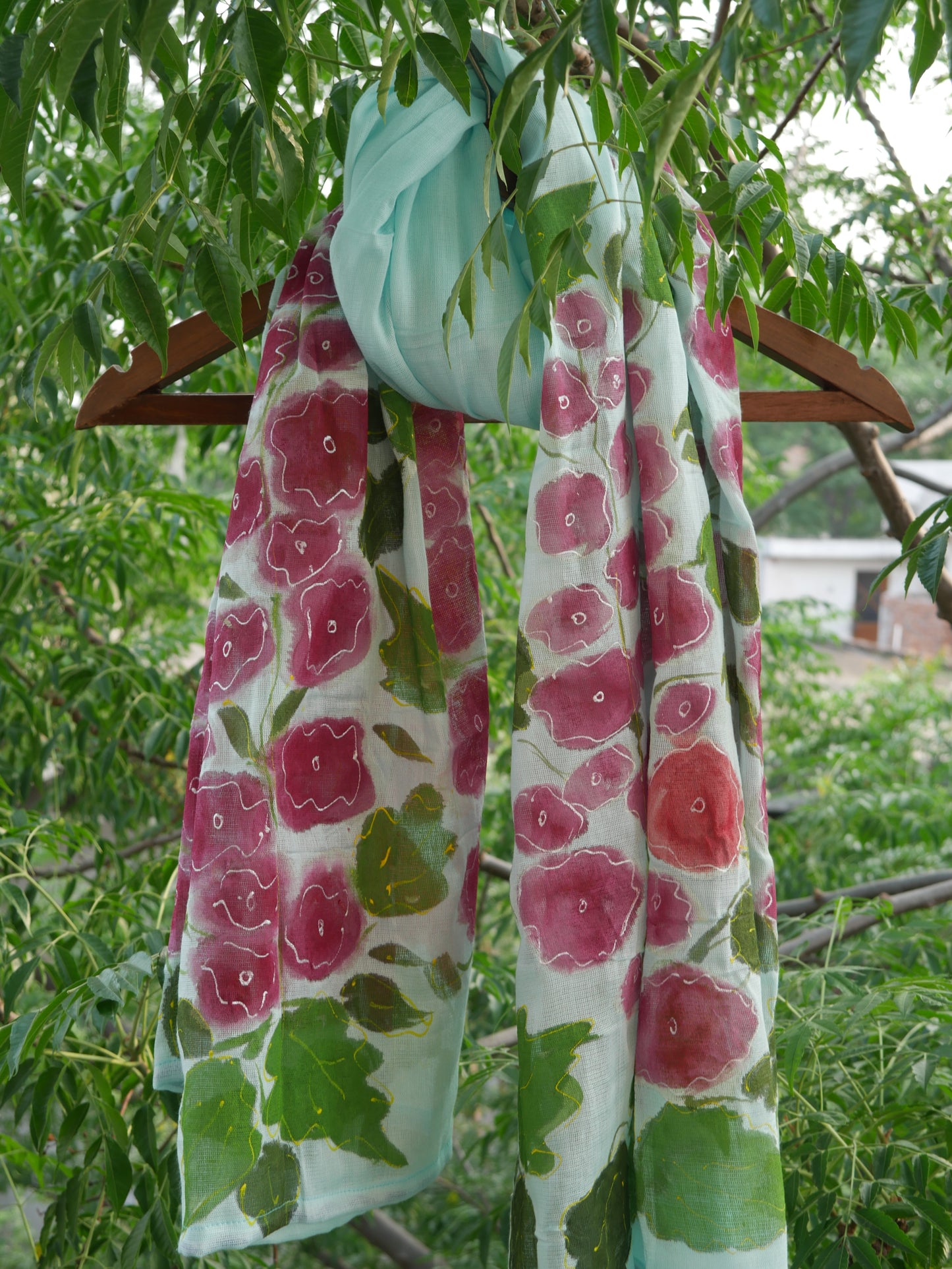 Blue handpainted hollihock flowers scarf