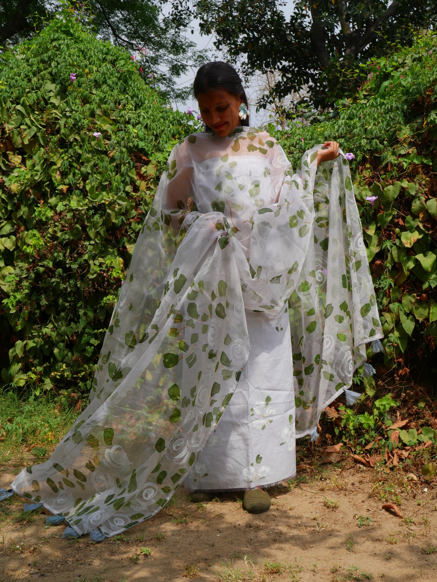 Handpainted white roses on chanderi suit with organza dupatta