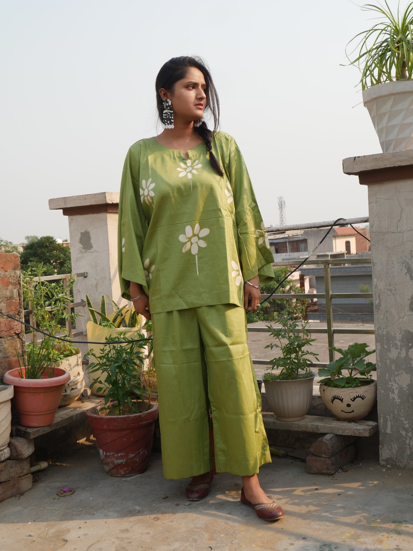Green cotton shibori handblock coord set