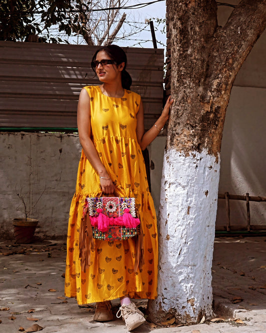Yellow pure cotton butter fly maxi dress
