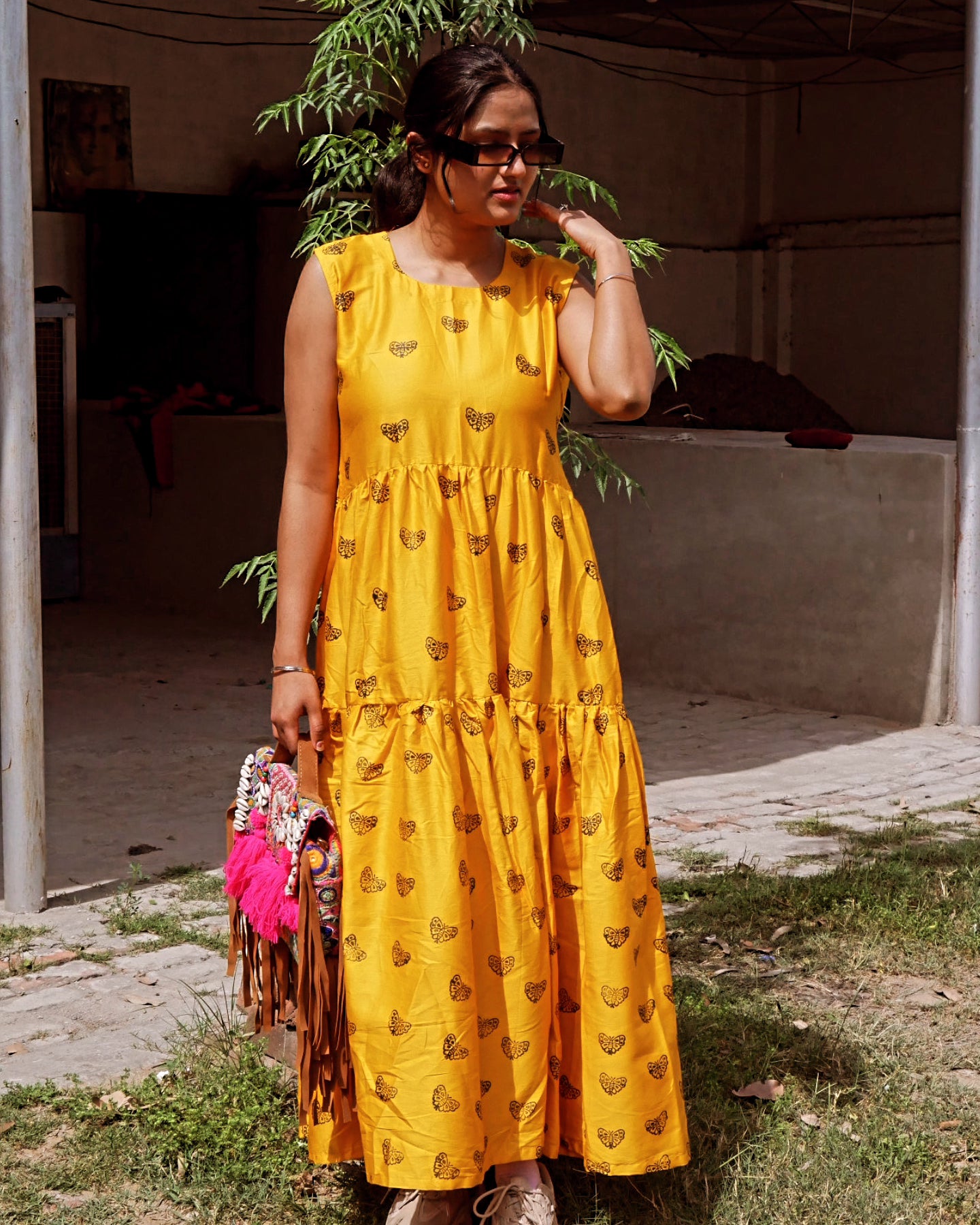 Yellow pure cotton butter fly maxi dress