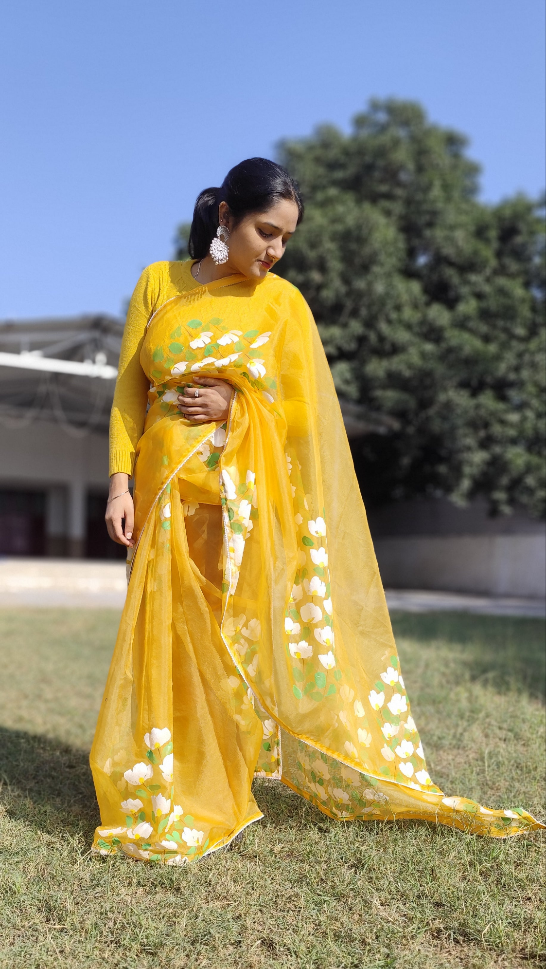 Yellow hand painted bougainvillea saree