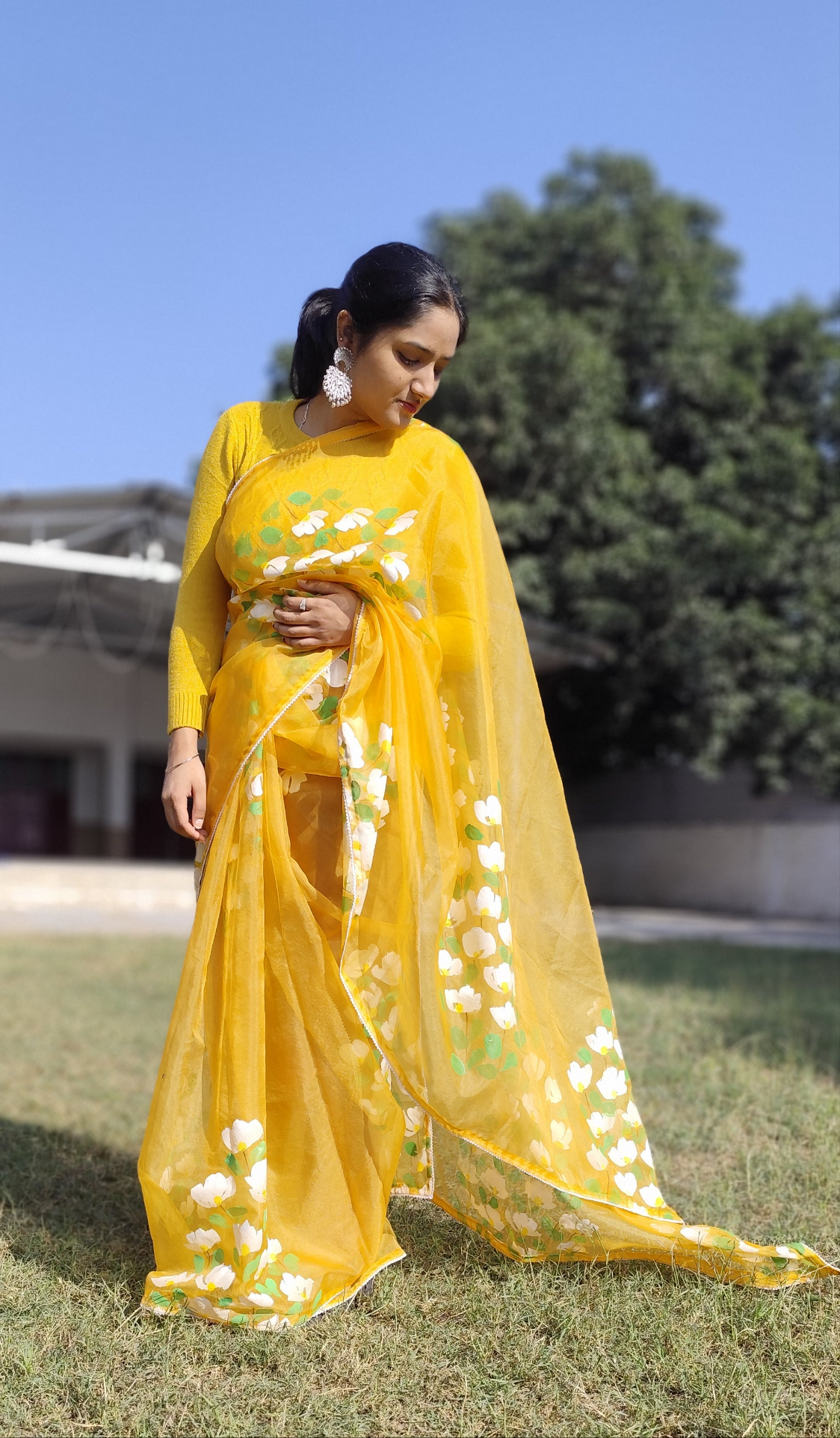 Yellow hand painted bougainvillea saree