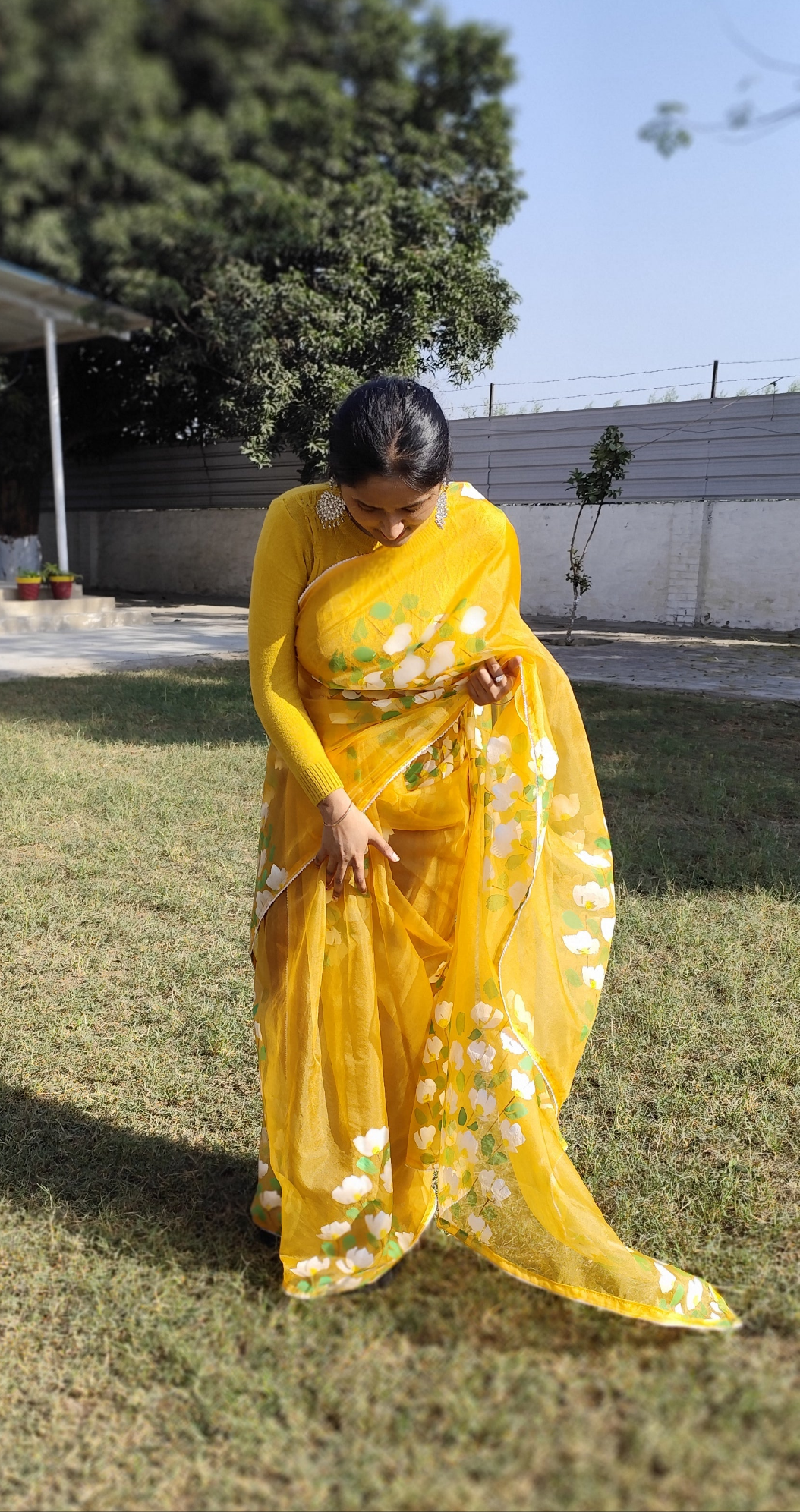 Yellow hand painted bougainvillea saree