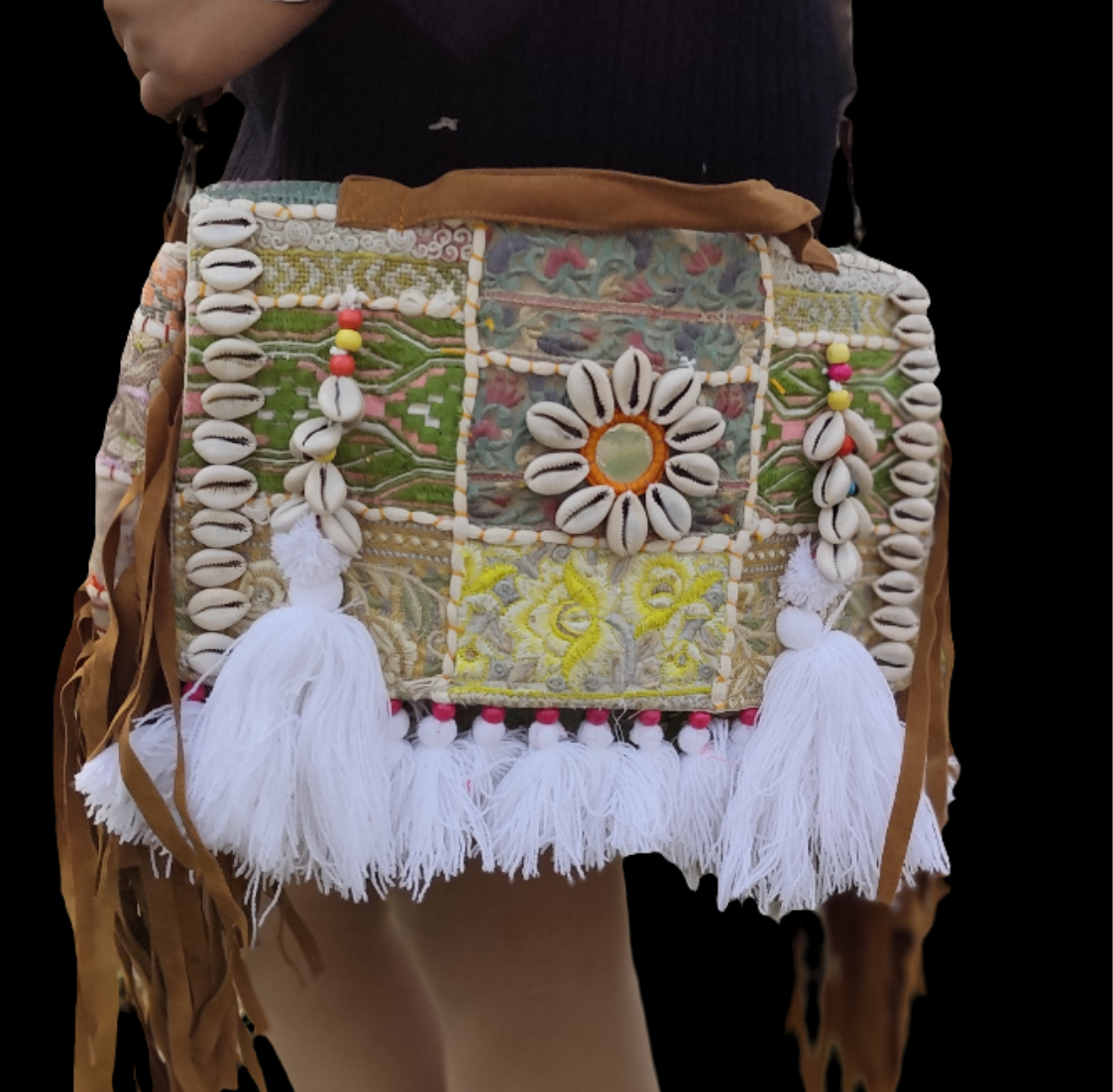 White boho banjara sling bag with tassels