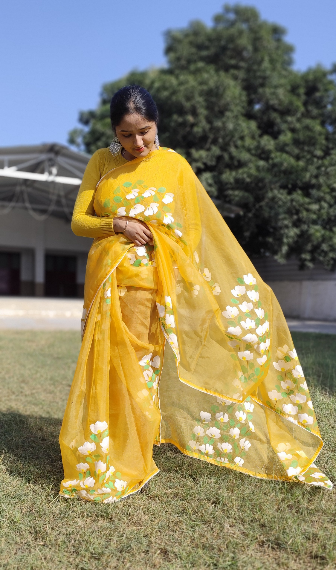 Yellow hand painted bougainvillea saree