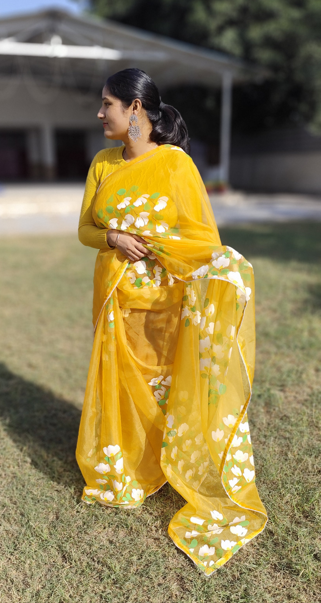 Yellow hand painted bougainvillea saree