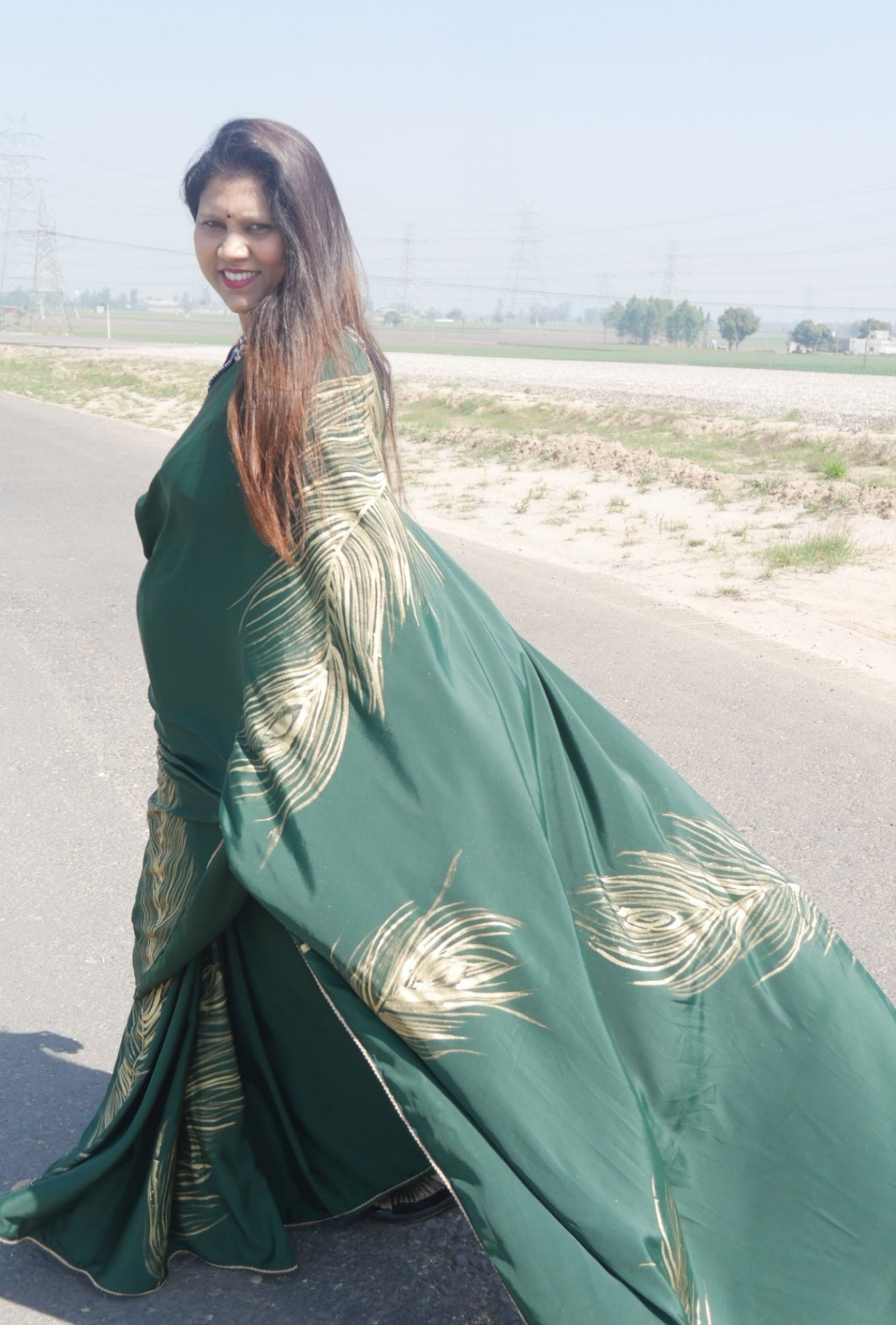 Sea green handpainted feather crepe silk saree